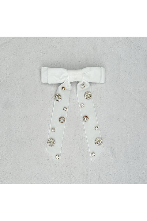 Velvet Bow Hair Clip In White With Jewels 5060801177801