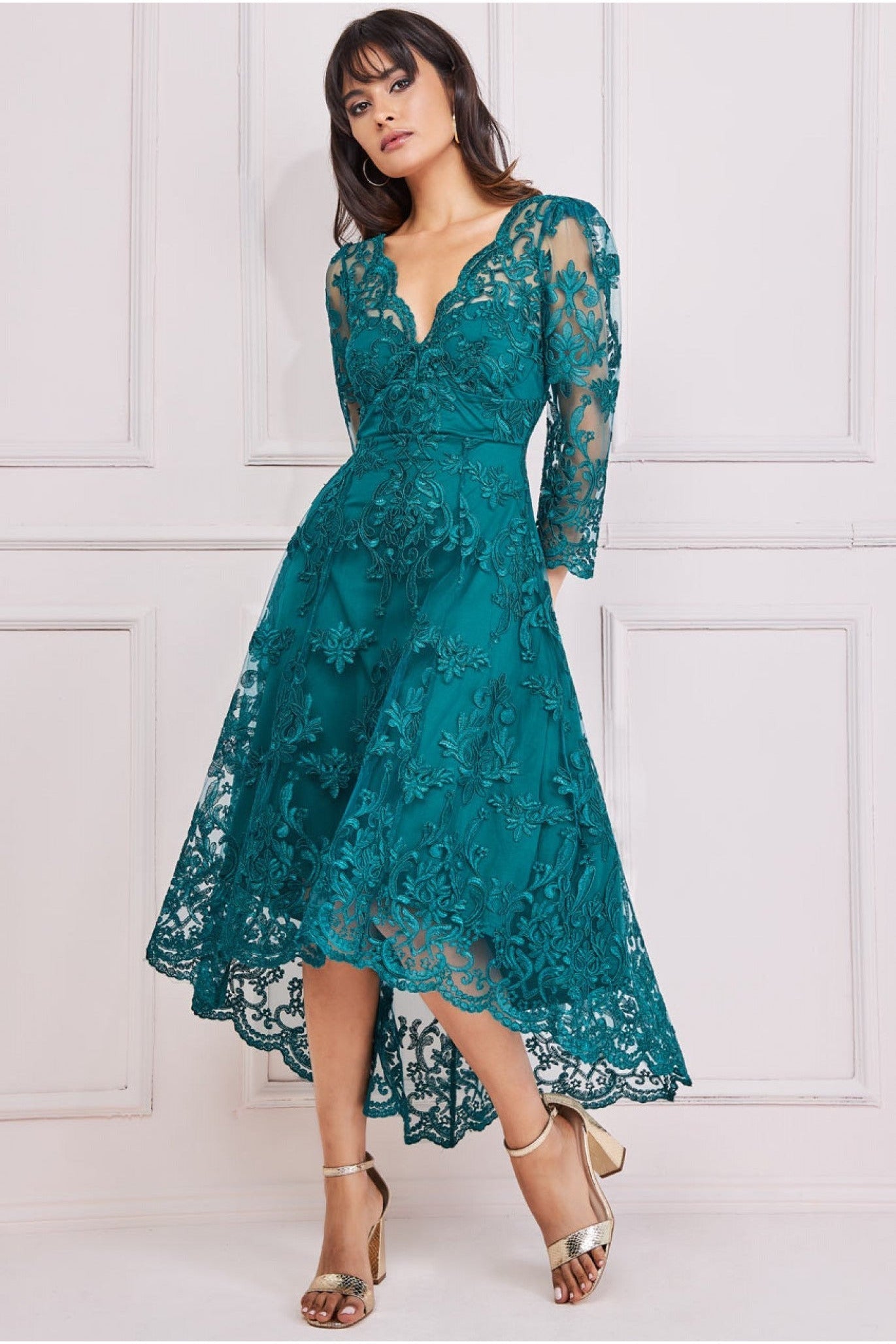 Scalloped Lace Dipped Hem Midi Dress - Emerald DR3347
