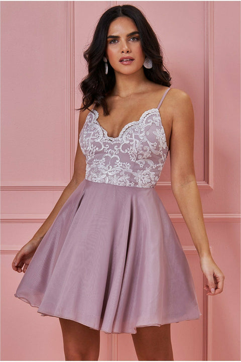 Lace Skater Mini With Spaghetti Straps - Blush DR3063