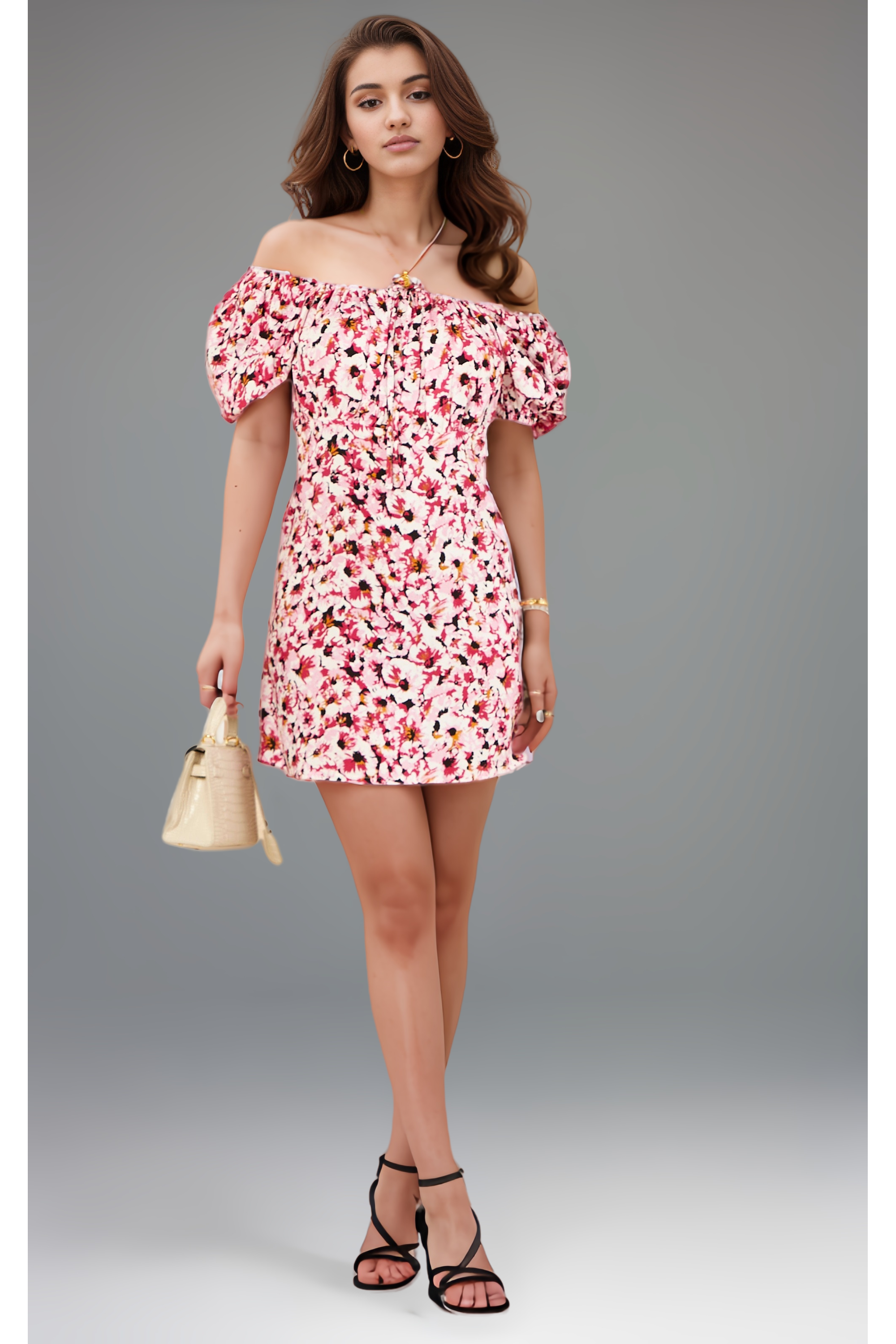 Pink Bardot Floral Milkmaid Mini Dress NC123PINK