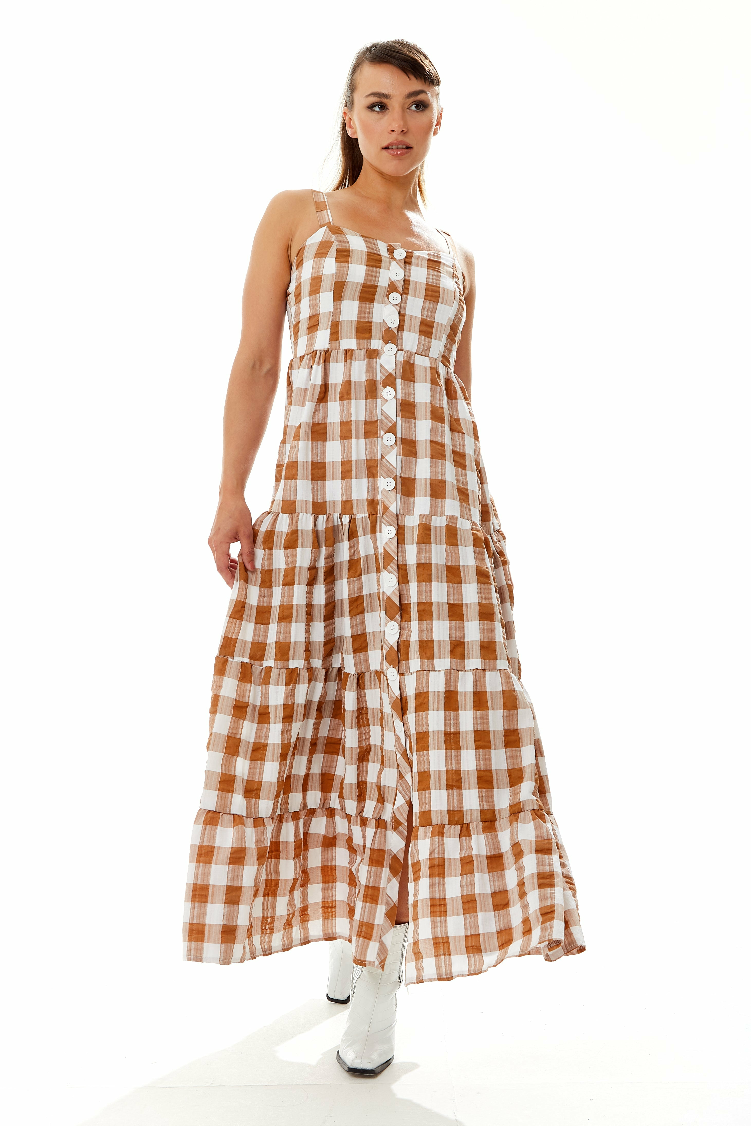 Gingham Print Maxi Dress In Brown And White TRSS22005