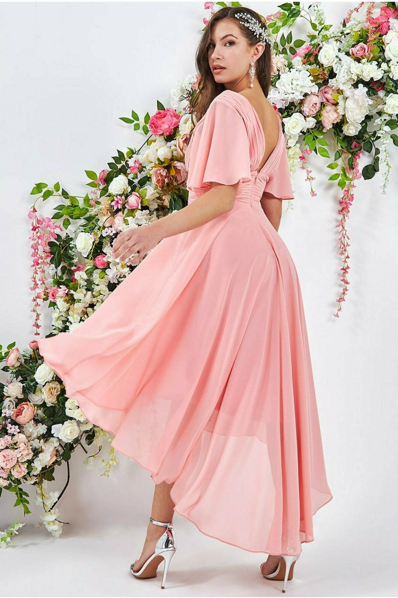 Pleated Chiffon High Low Midi Dress - Peach DR3305