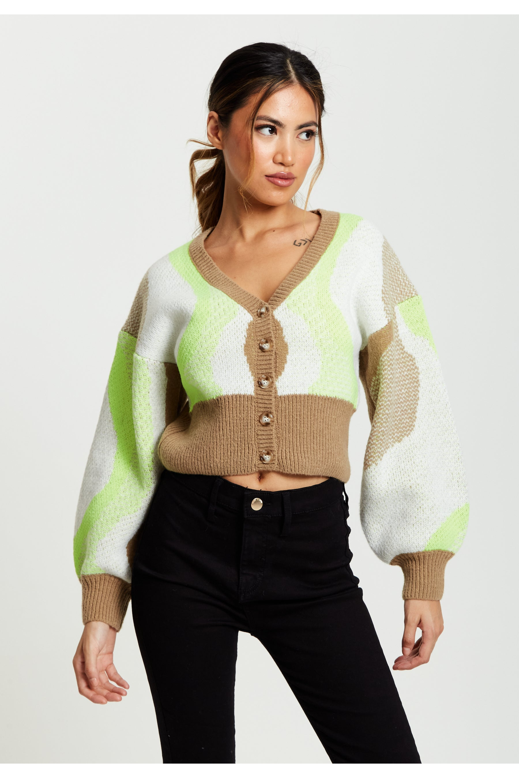 Cardigan In Brown, Green And Cream D1-LS-L22AW001