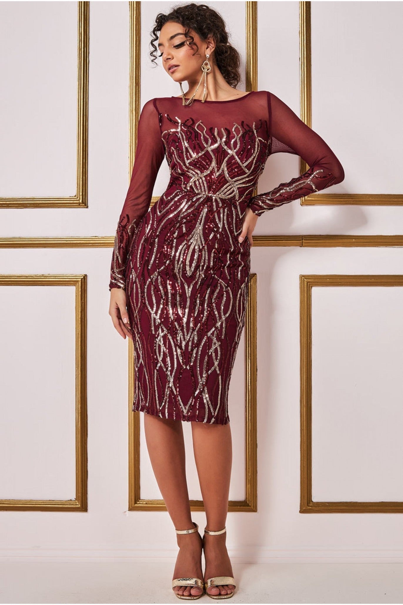Long Sleeve Sequin Flame Midi Dress - Wine DR3605