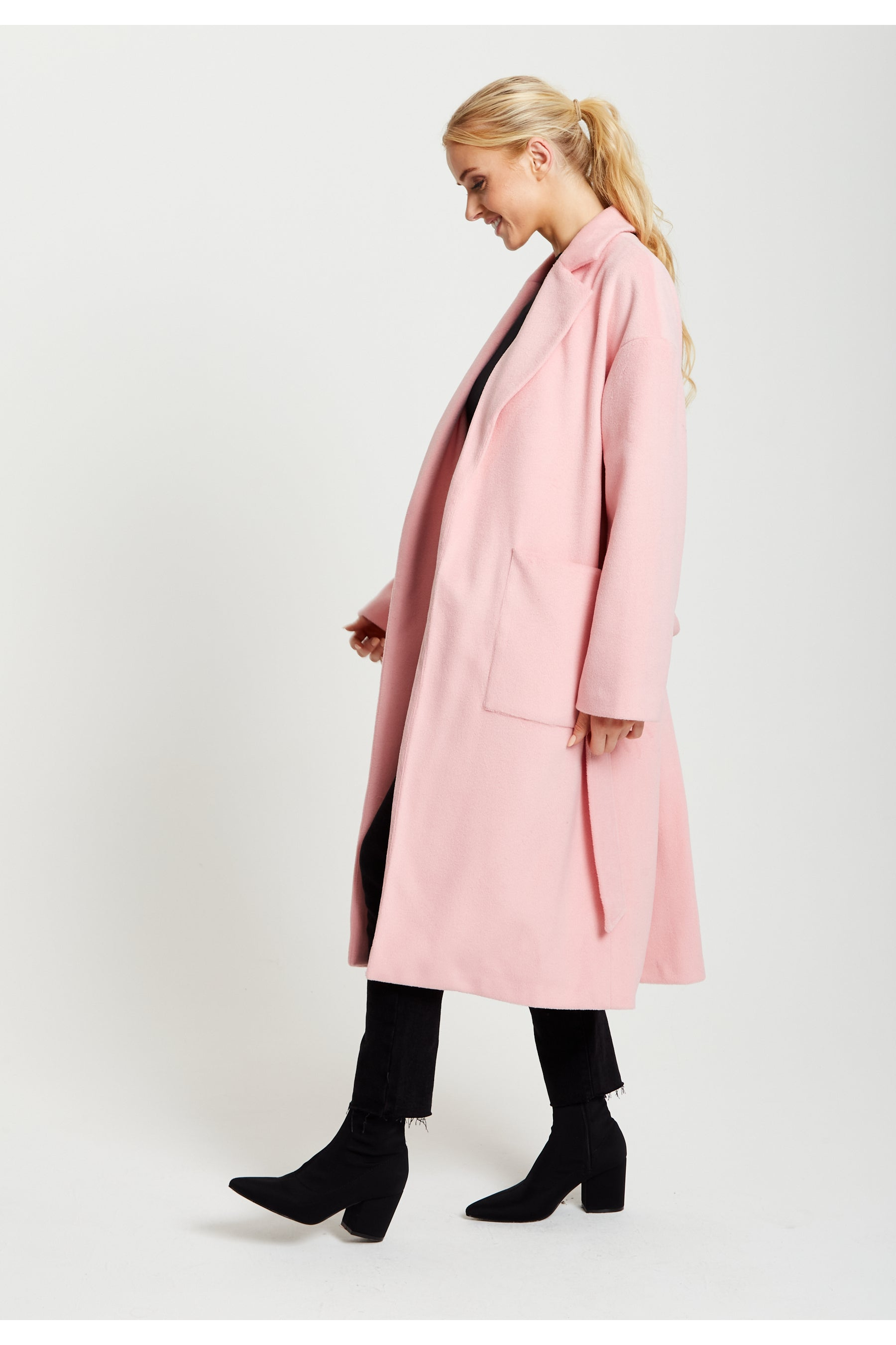 Belted Longline Coat In Pink F10-134-CT1803