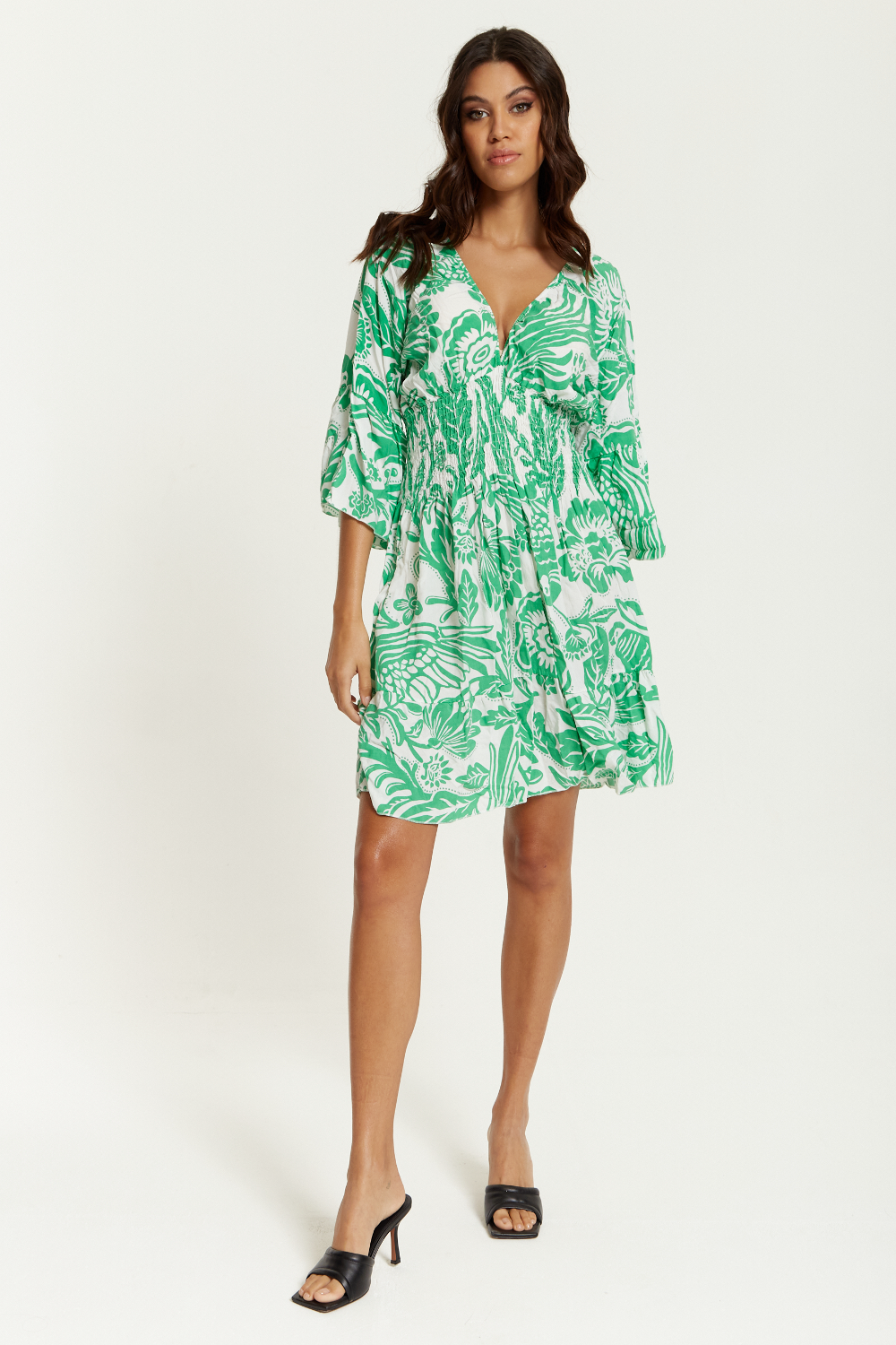 Oversized V Neck Detailed Floral Print Mini Dress in Green and White GLR FASHION NETWORKING
