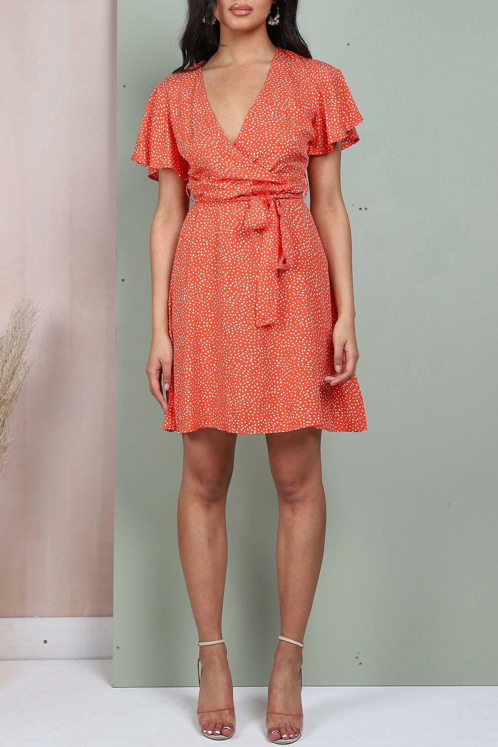 Wrap Front Mini Dress In Orange Polka Dot LL5129O