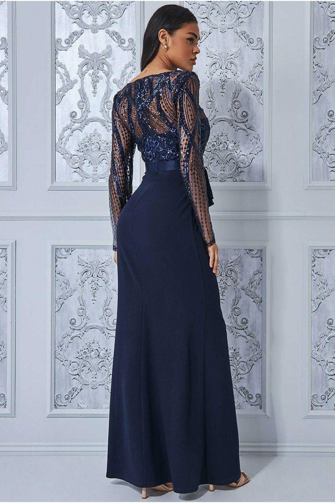 Sequin Bodice With Front Frill Maxi - Navy DR3232
