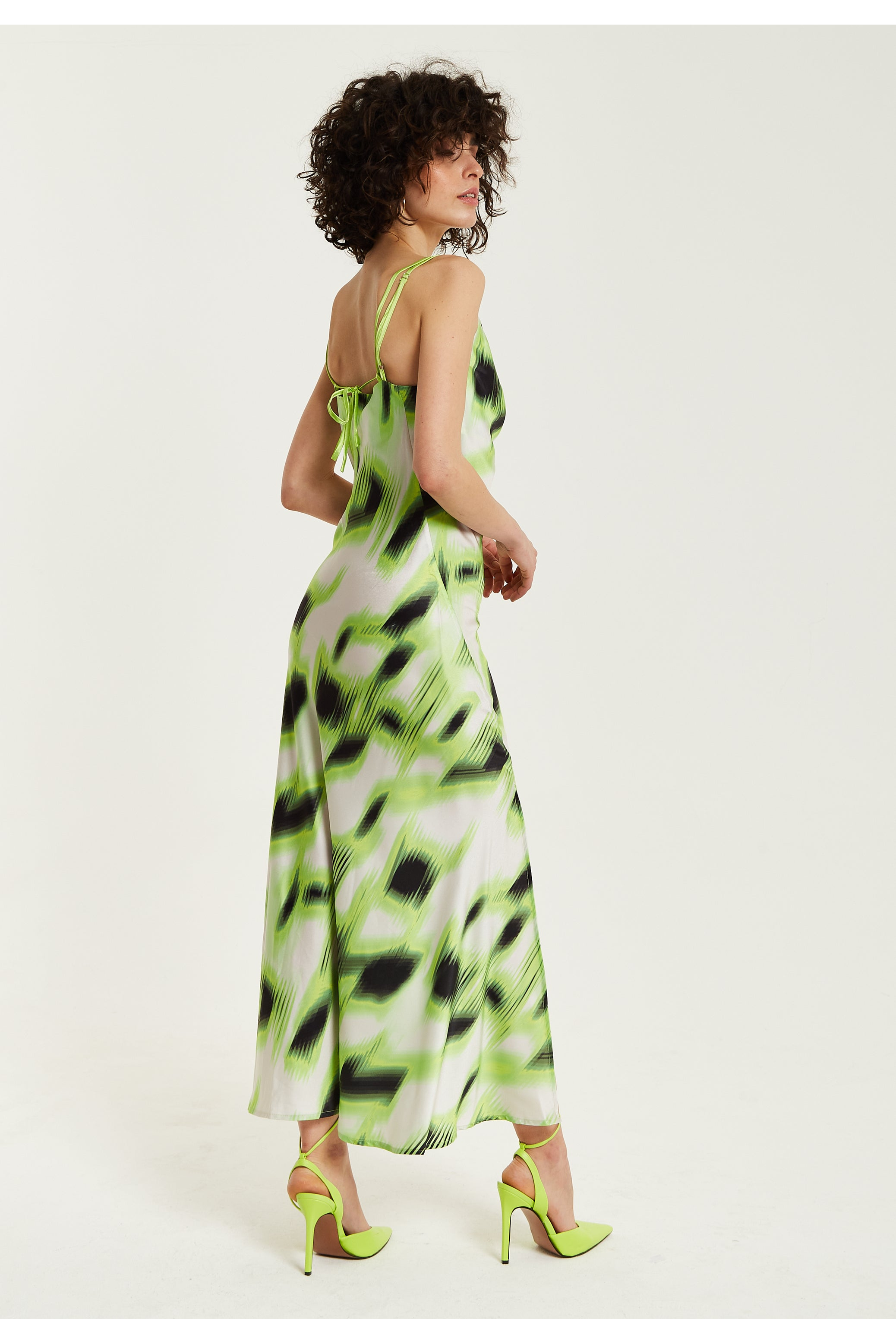 Green And Black Abstract Print Cowl Neck Midi YD27255