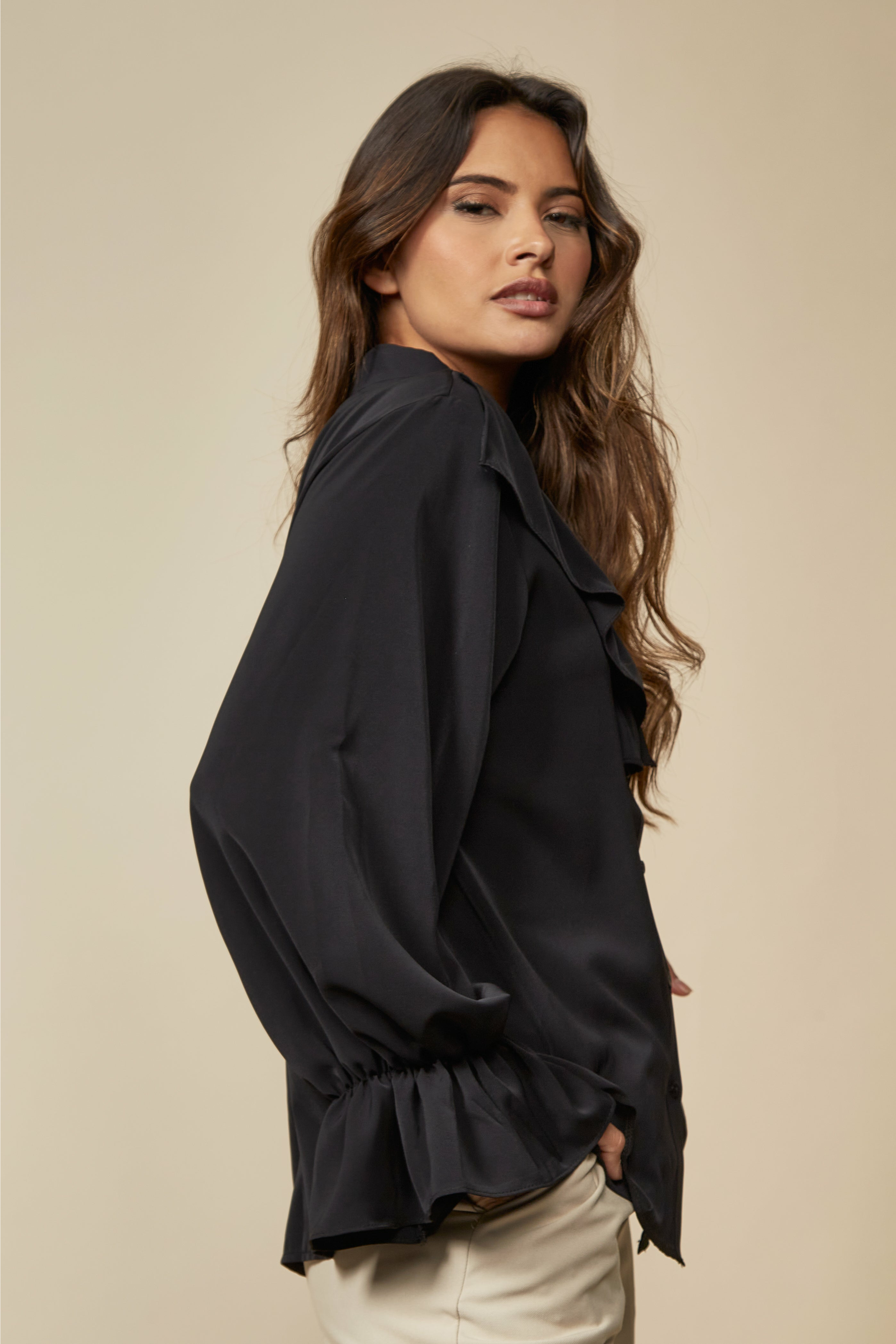Ruffle Detailed Front with Ruffle Sleeves Shirt in Black GLR FASHION NETWORKING