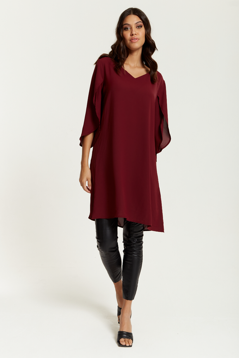 Oversized Detailed Sleeves V Neck Tunic In Burgundy