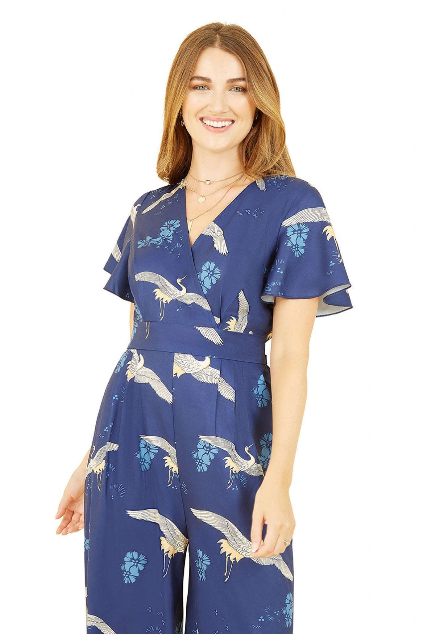 Yumi Navy Crane Print Angel Sleeve Jumpsuit – Goddiva