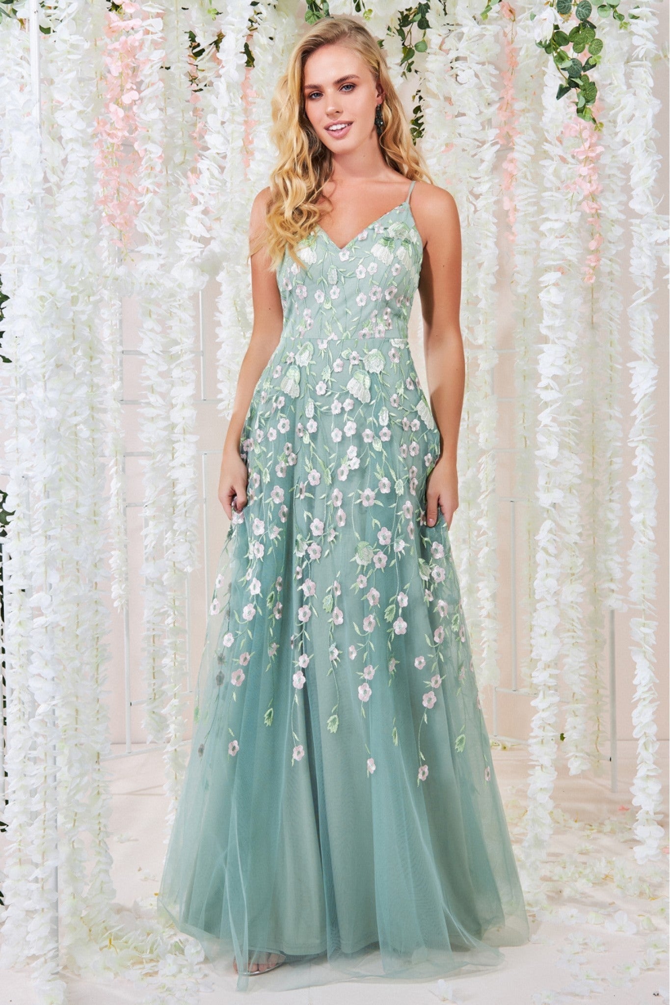 Sleeveless Floral Mesh Maxi Dress - Sage Green DR3404