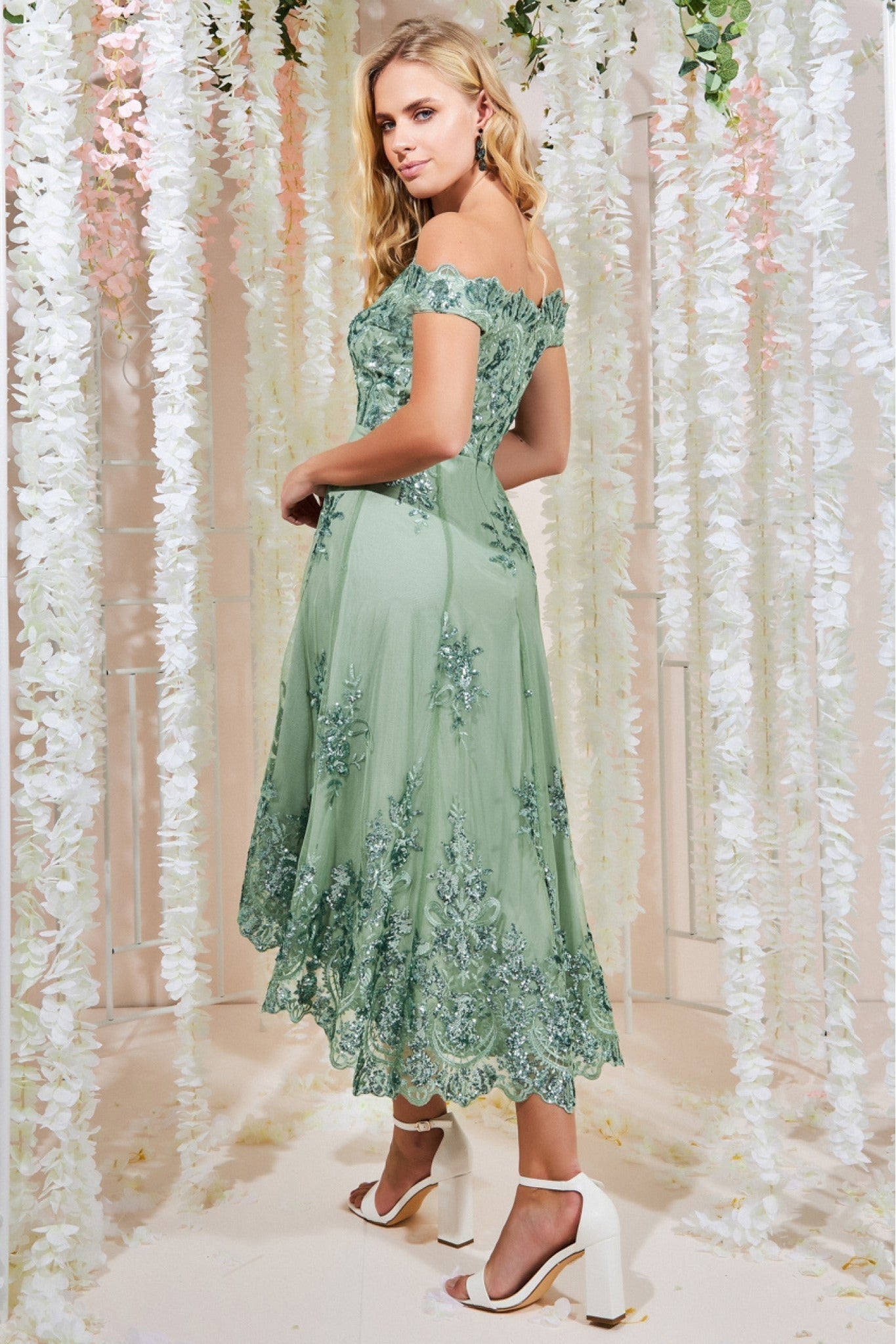Bardot Sequin & Lace High Low Midi - Sage Green DR3675