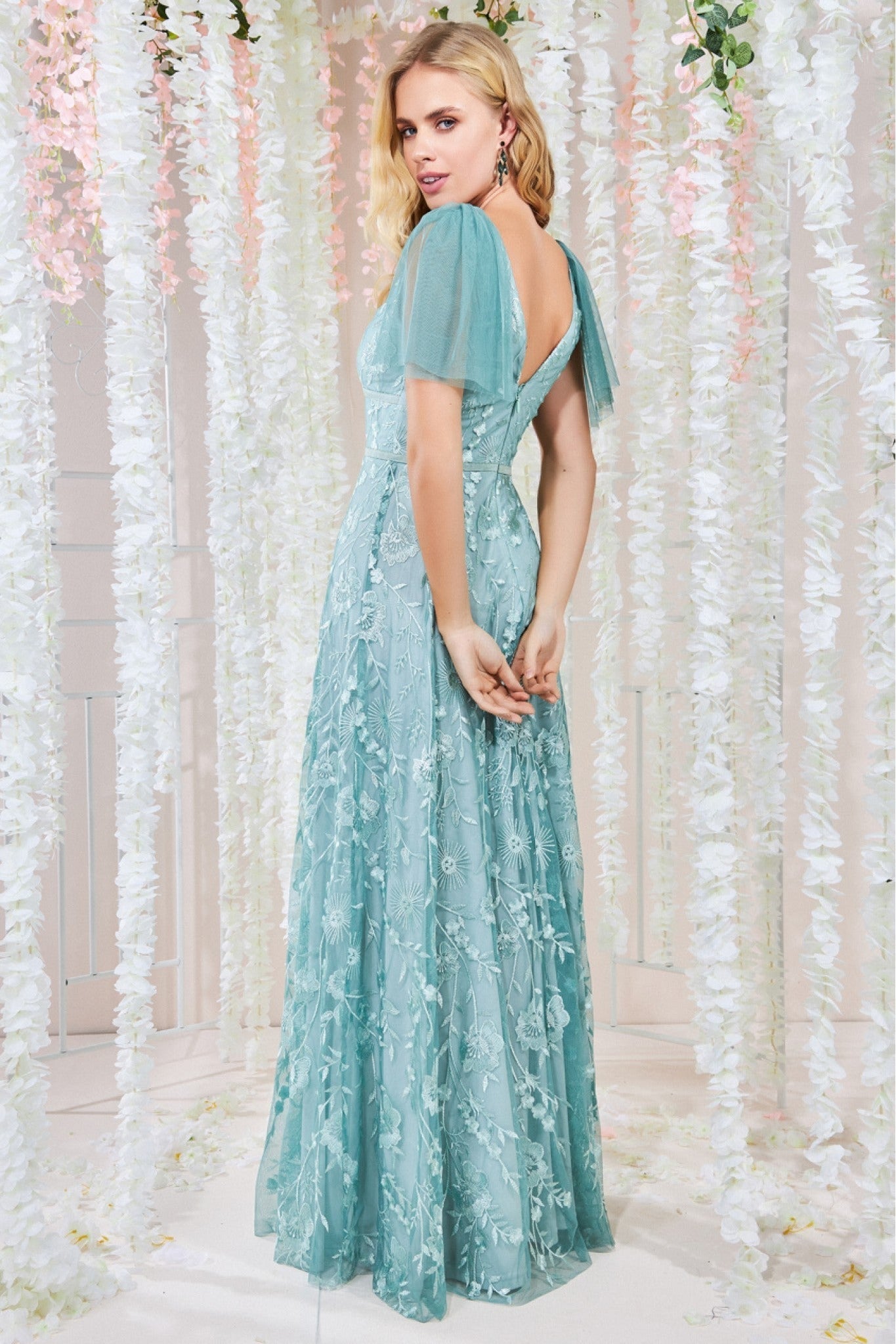 Embroidered Lace Maxi Flutter Sleeves - Sagegreen DR3255