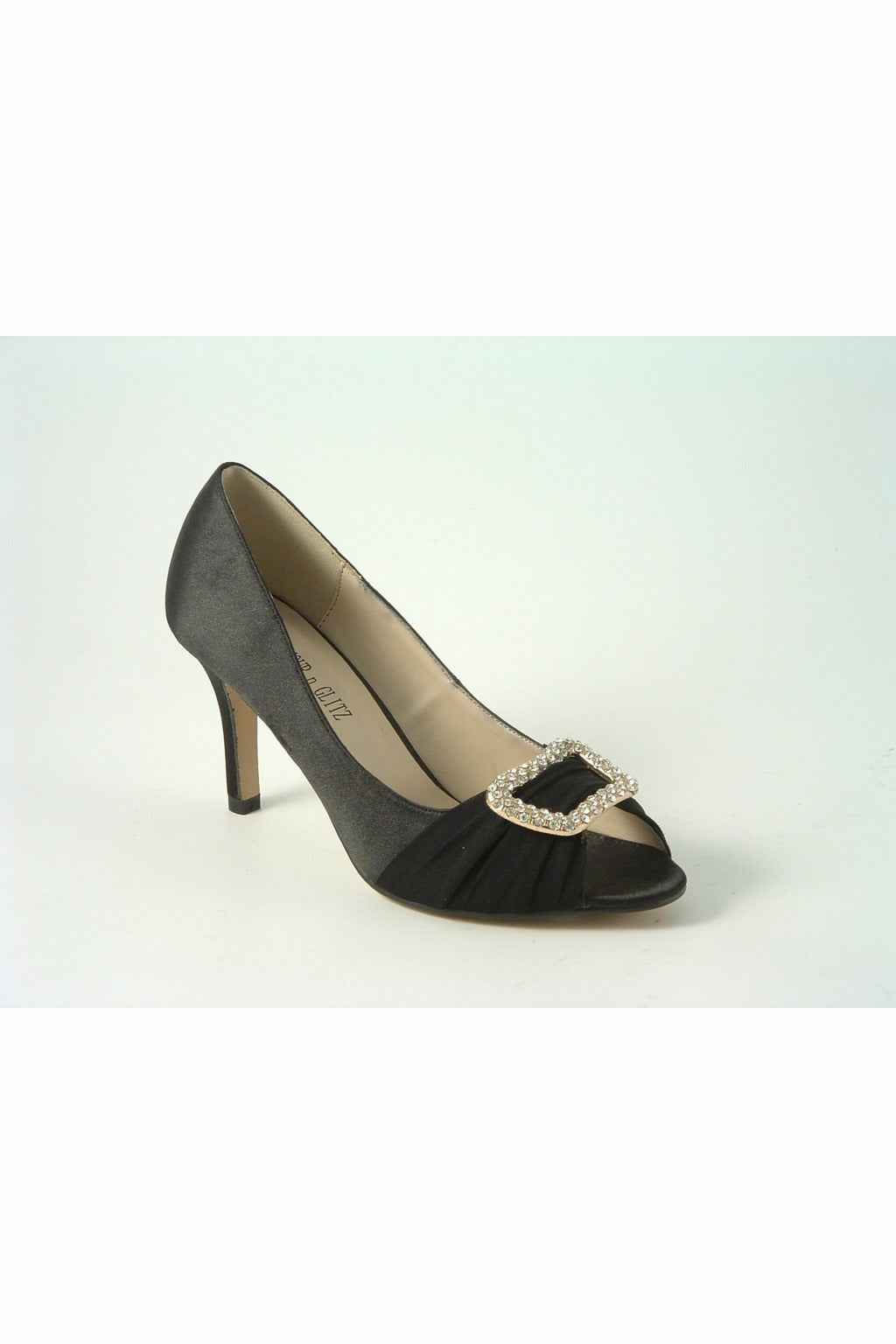 Diamante Black Satin Mid Heel Peep Toe Shoe SabatineCH358