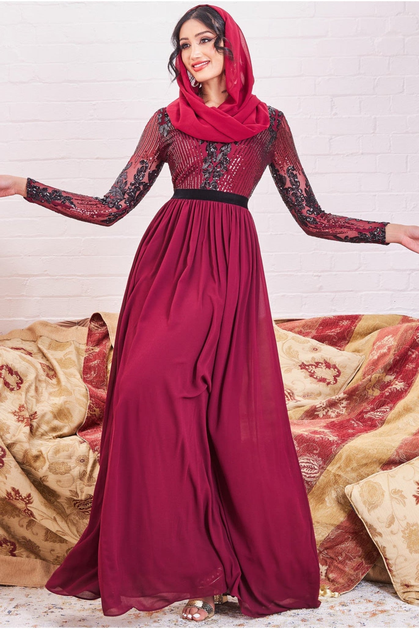 Modesty Sequin Mesh Bodice Maxi Dress - Wine DR3453MOD