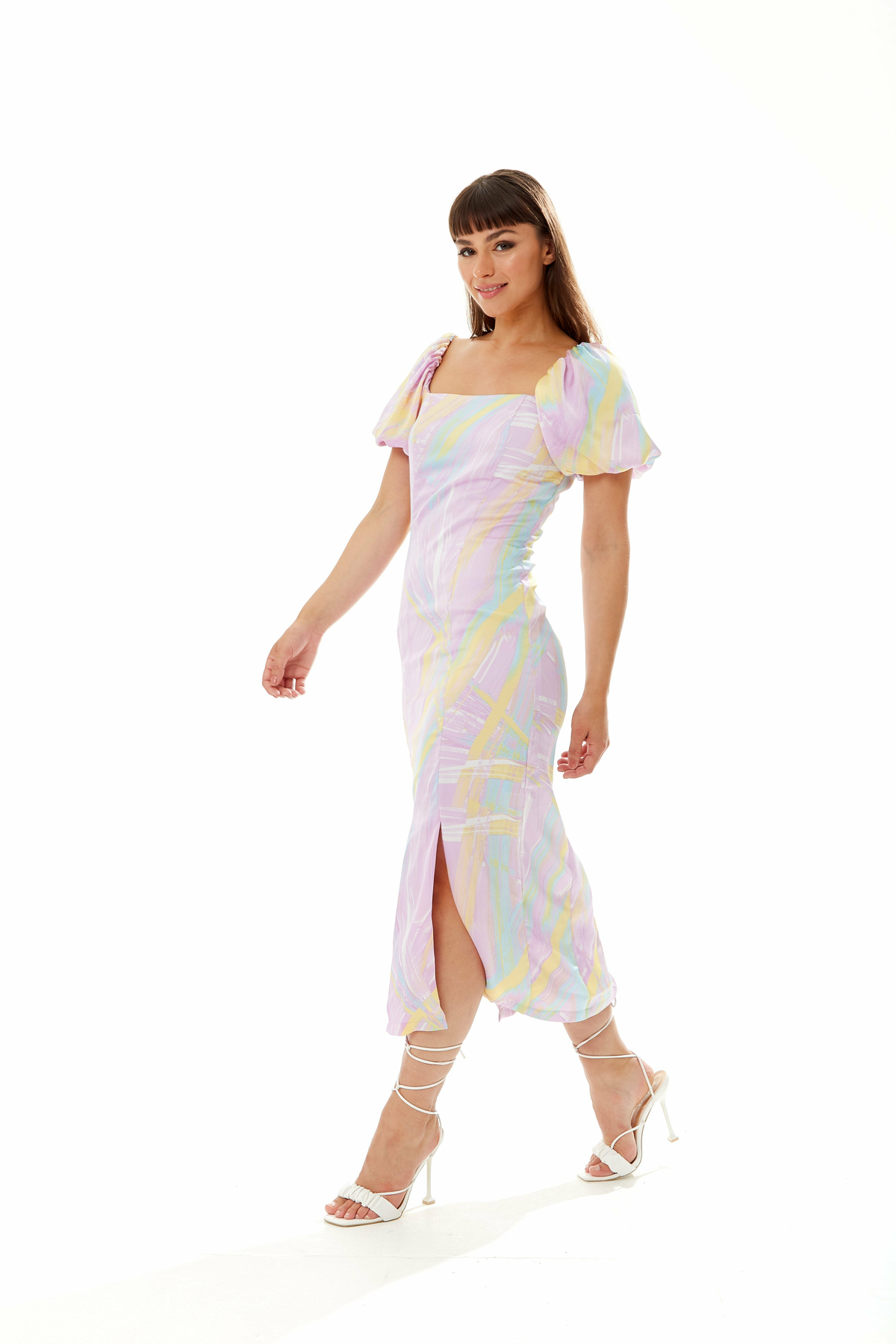 Midi Square Neck Brush Stroke Print Dress In Lilac A8-104-LIQ22SS017