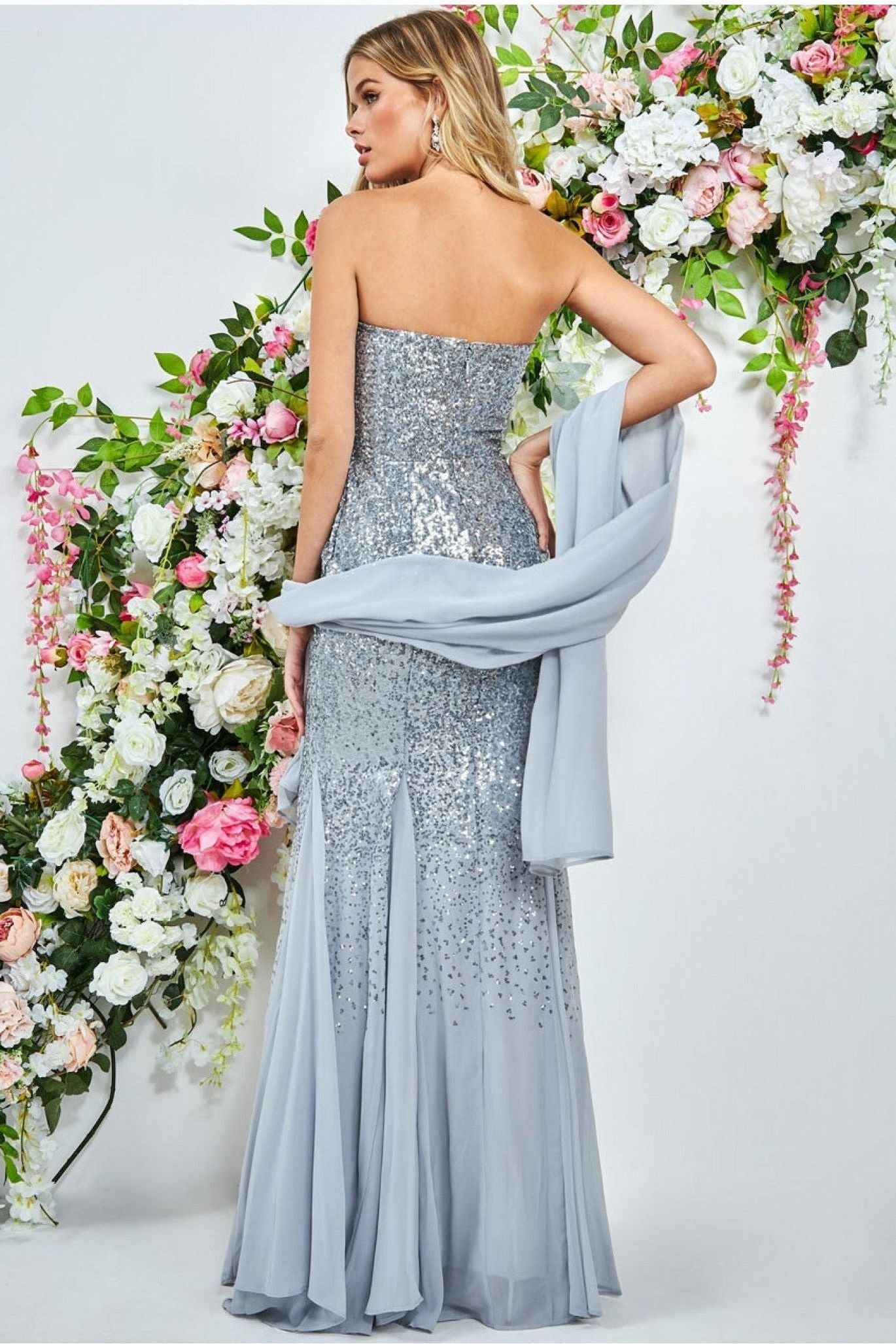 Bandeau Sequin & Chiffon Maxi With Scarf - Silver DR1049C