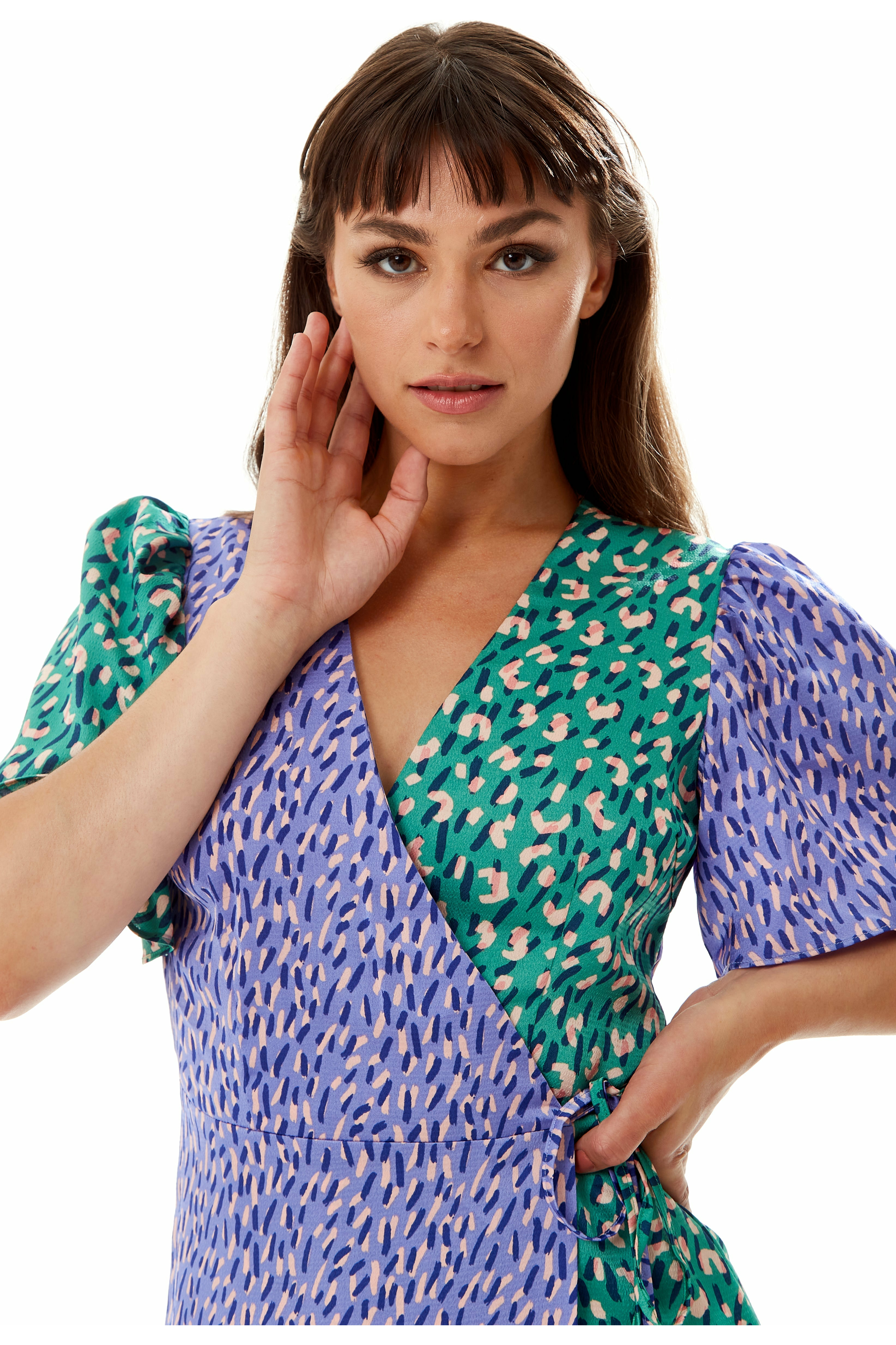 Multi Print Midi Wrap Dress In Contrast Colours B7-118-LIQ22-420A