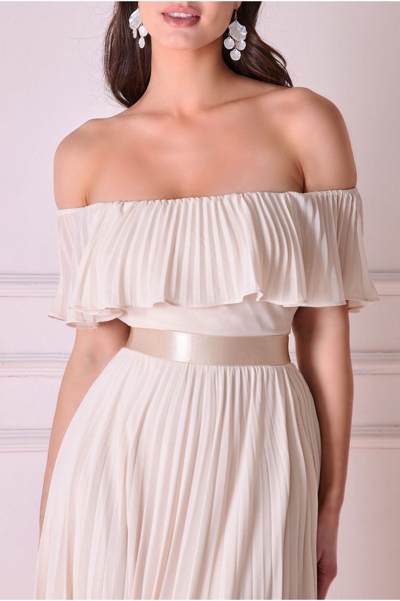 Pleated Chiffon Off Shoulder Maxi Dress - Ivory DR3805