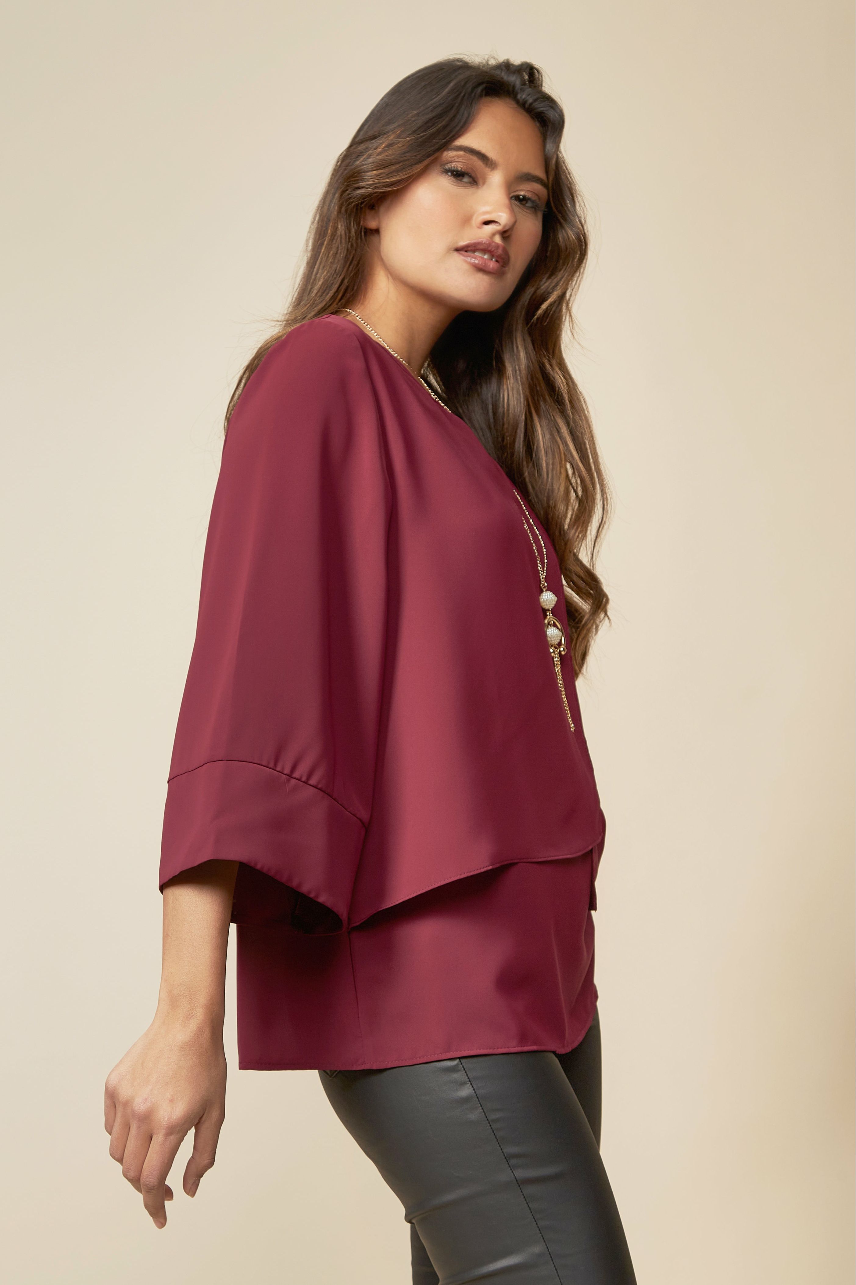 Layered Top With 3/4 Sleeves in Burgundy with Necklace GLR FASHION NETWORKING