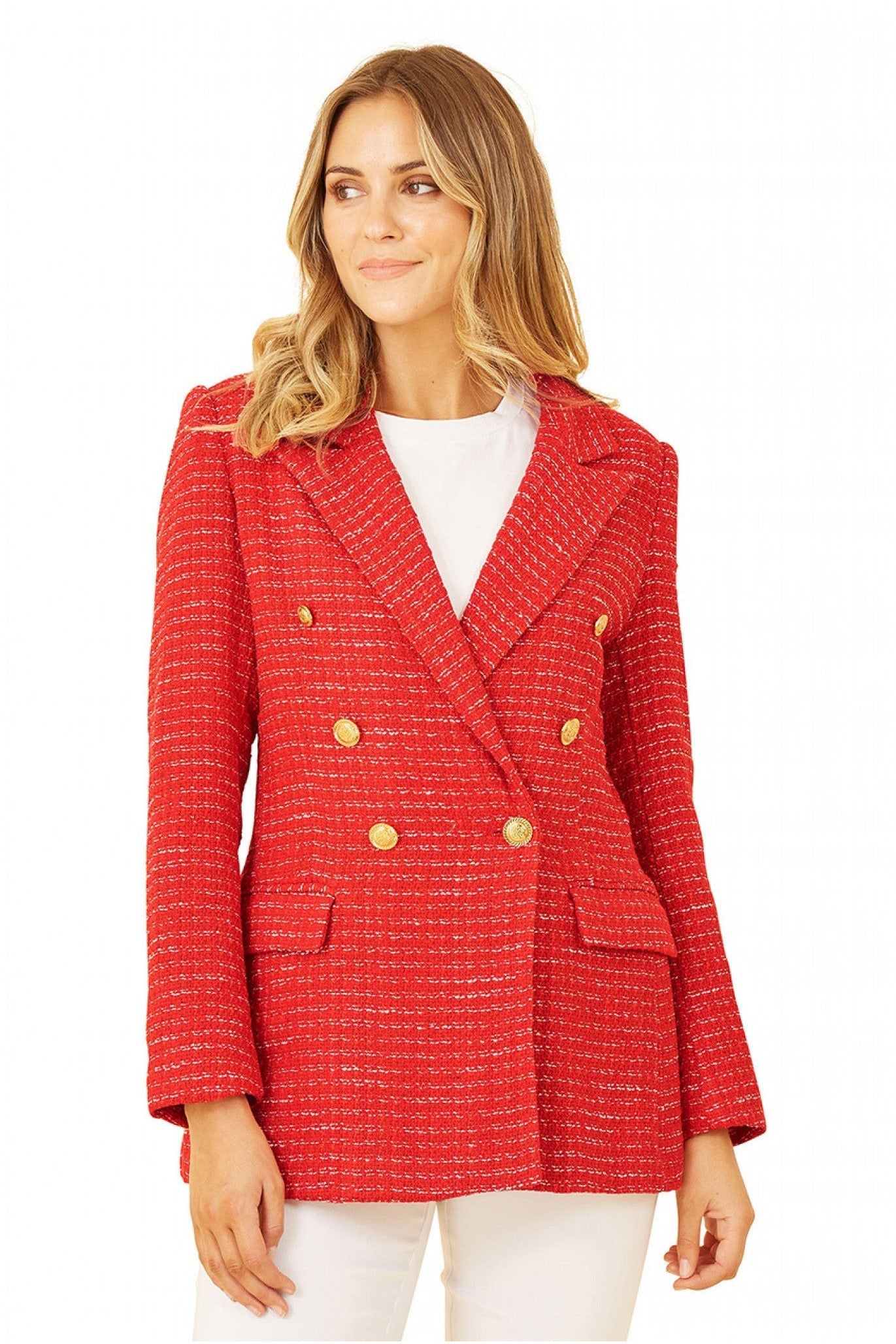 Red Boucle Fitted Blazer YM3894013