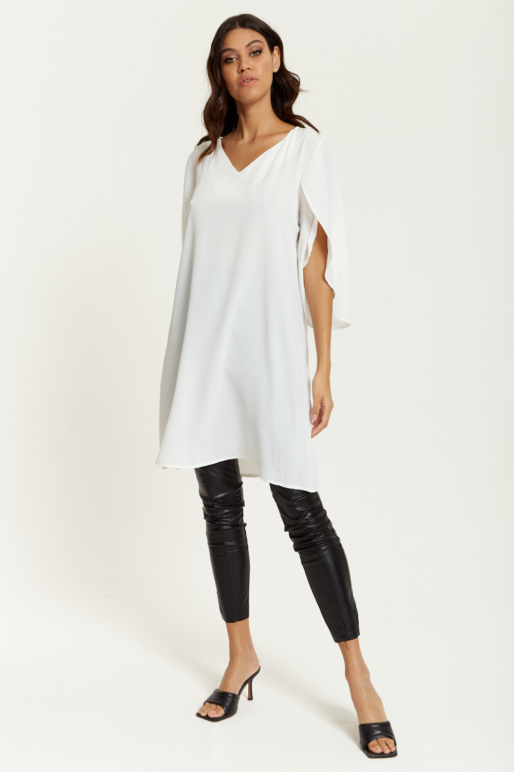 Oversized V Neck Tunic with Split Sleeves in White GLR FASHION NETWORKING