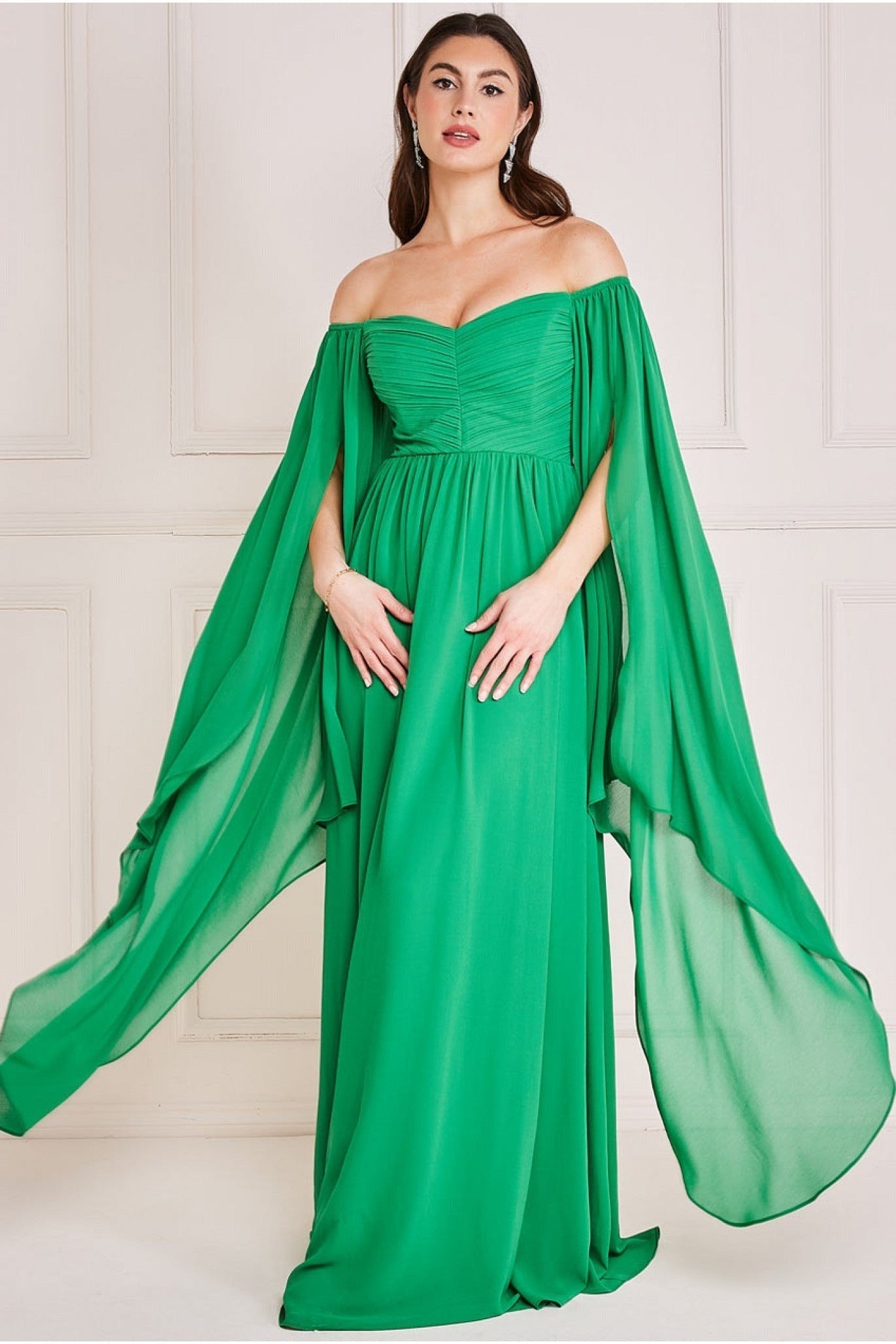 Chiffon Off The Shoulder Maxi With Wings - Green DR3780