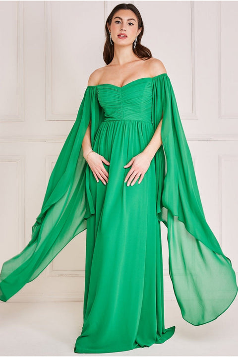 Chiffon Off The Shoulder Maxi With Cape Sleeves - Green by Goddiva