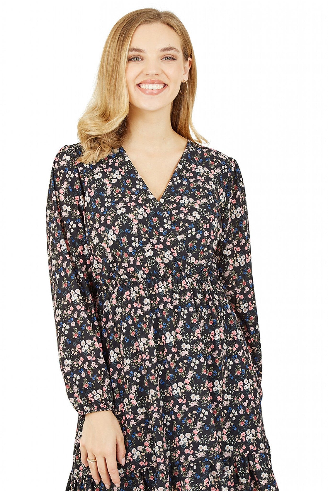Ditsy Flower Print Wrao nLayered Frill Dress Mela London