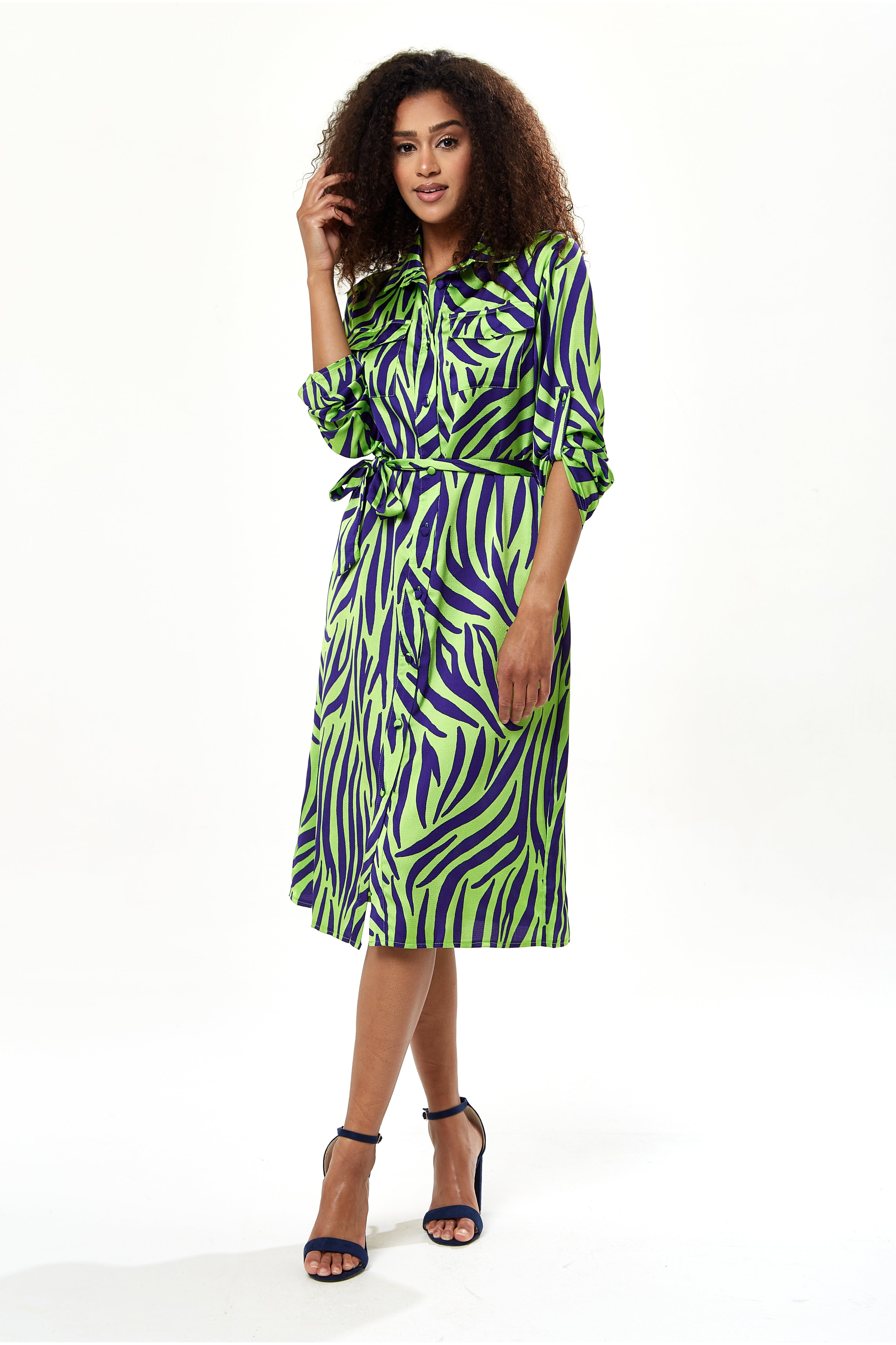 Mint And Blue Zebra Print Midi Shirt Dress B12-EH1843ZG