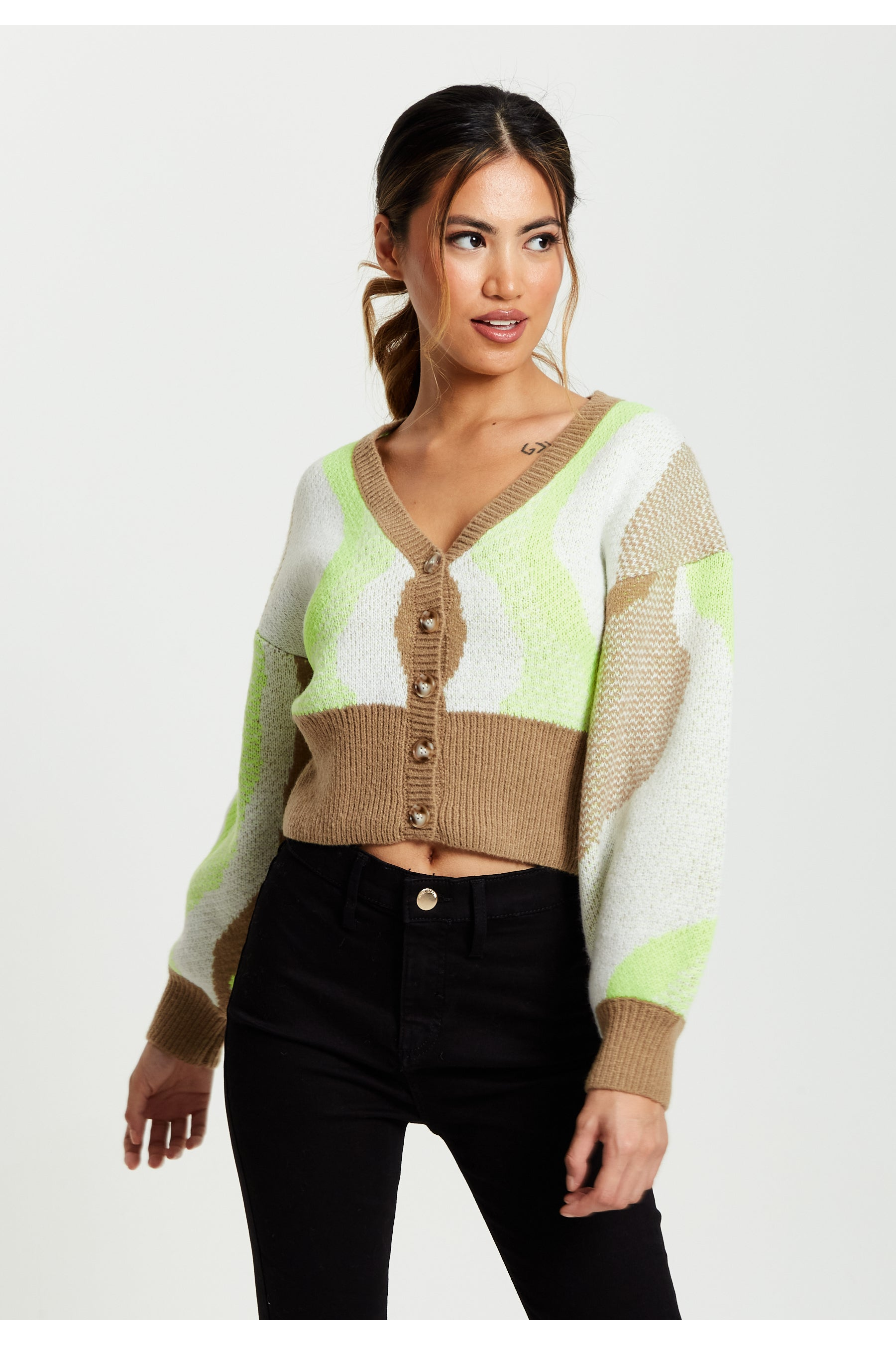 Cardigan In Brown, Green And Cream D1-LS-L22AW001