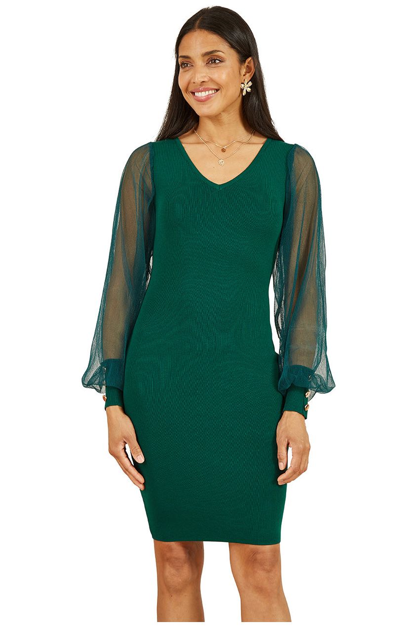Green Knitted Body Con Dress With Chiffon Sleeve YM2533A