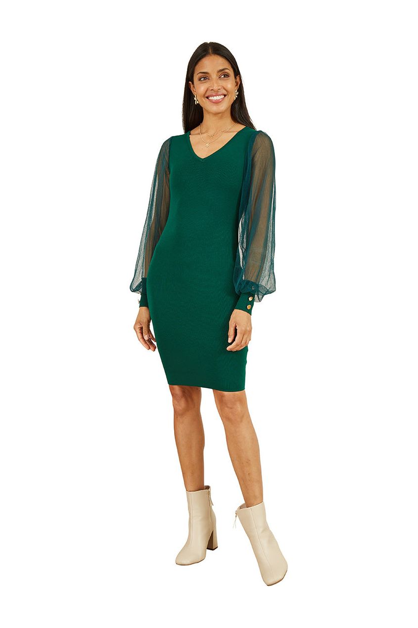 Green Knitted Body Con Dress With Chiffon Sleeve YM2533A