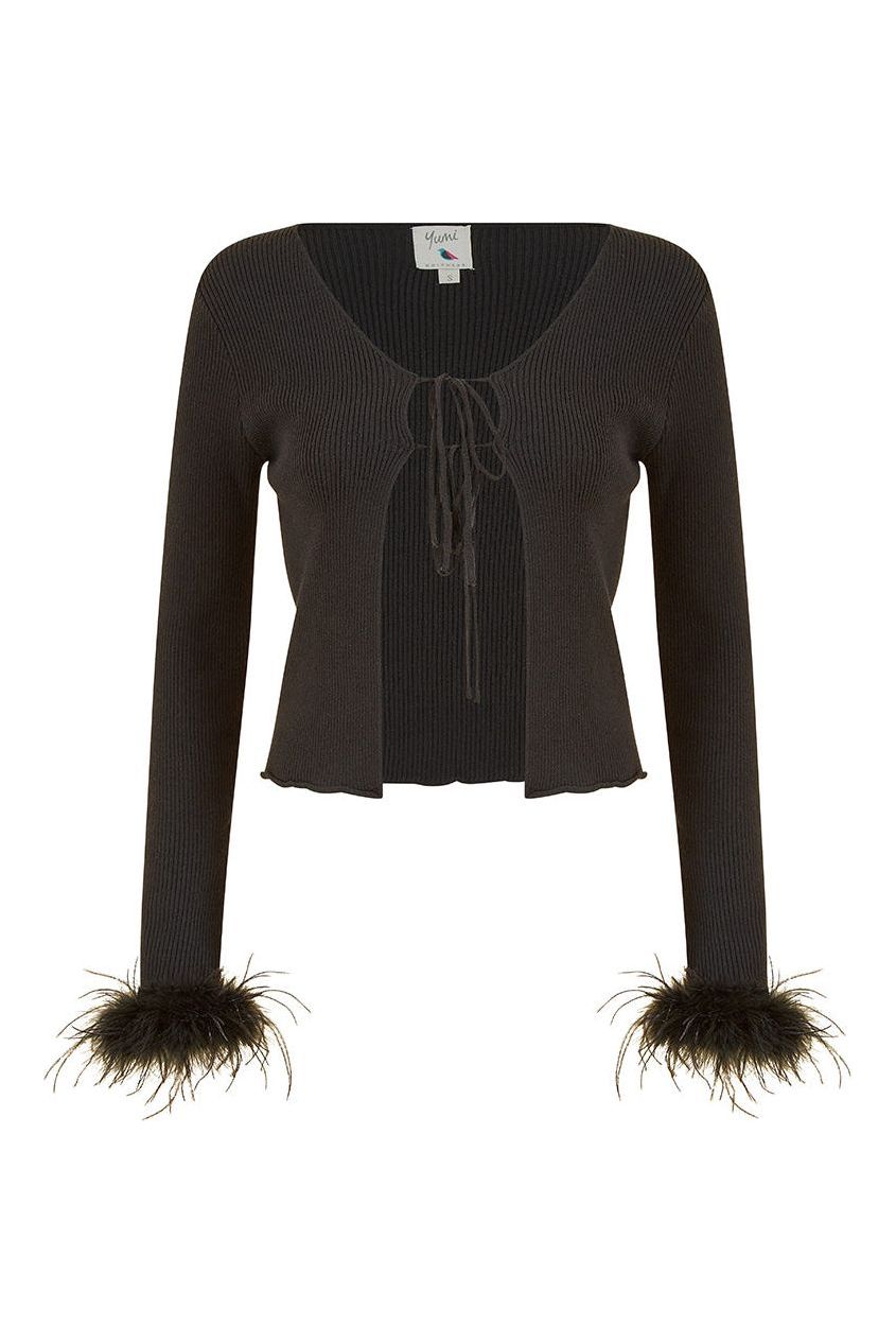 Black Ribbed Bolero With Feather Cuffs YM3956