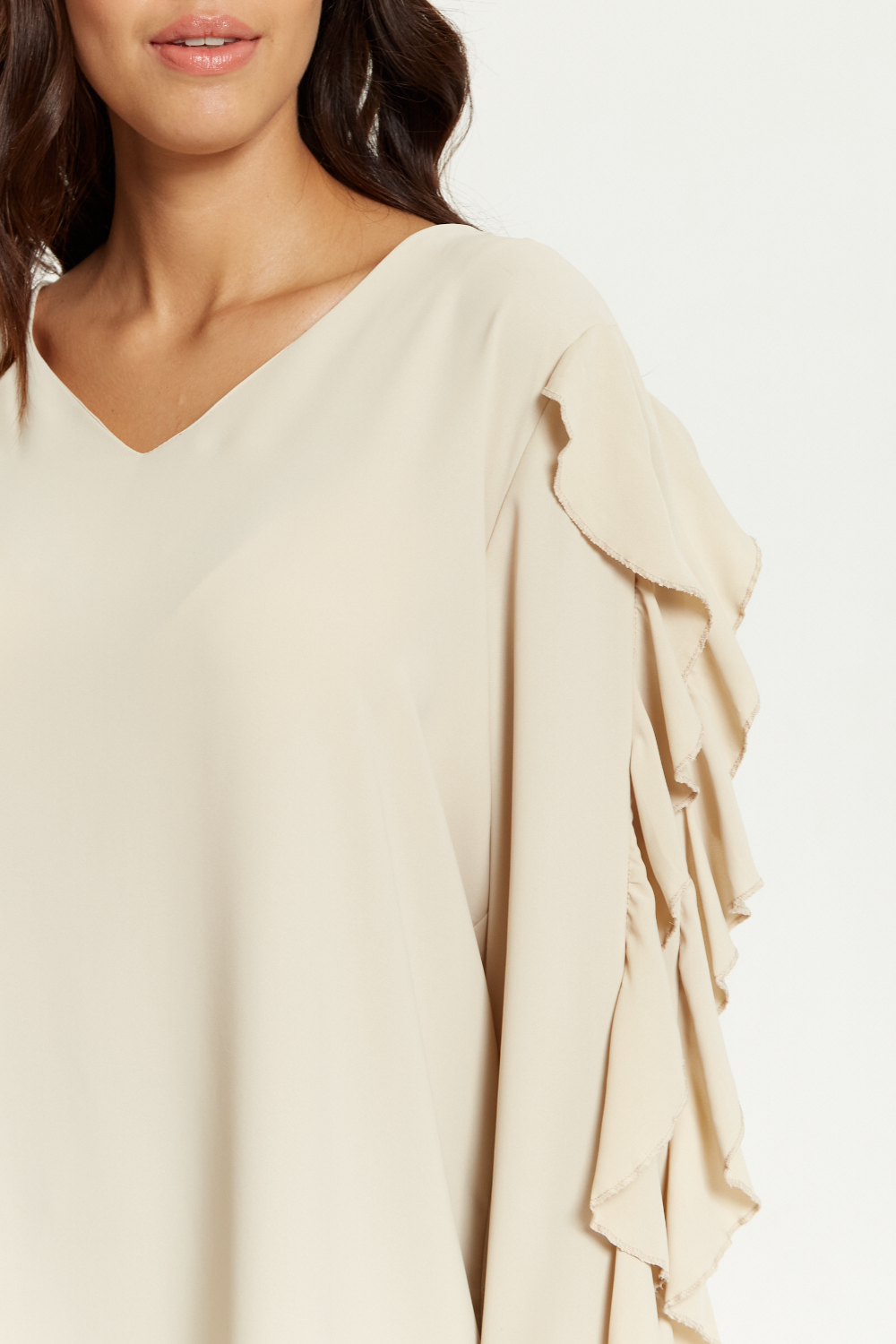 Oversized V Neck Ruffle Sleeves Tunic in Beige GLR FASHION NETWORKING