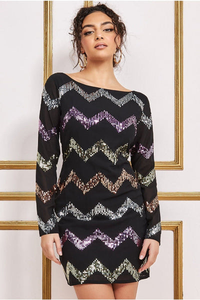 Black - Sequin Zig Zag Shift Mini Dress - Black by Goddiva