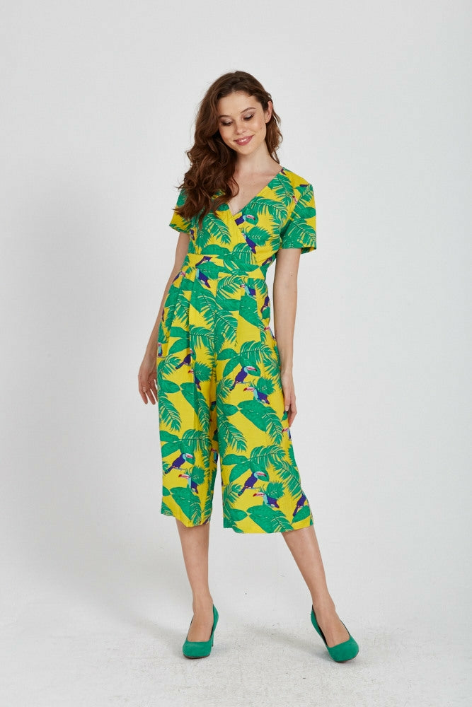 Rock Kandy Wide Leg Jumpsuit In Yellow Leaf Print Rock Kandy