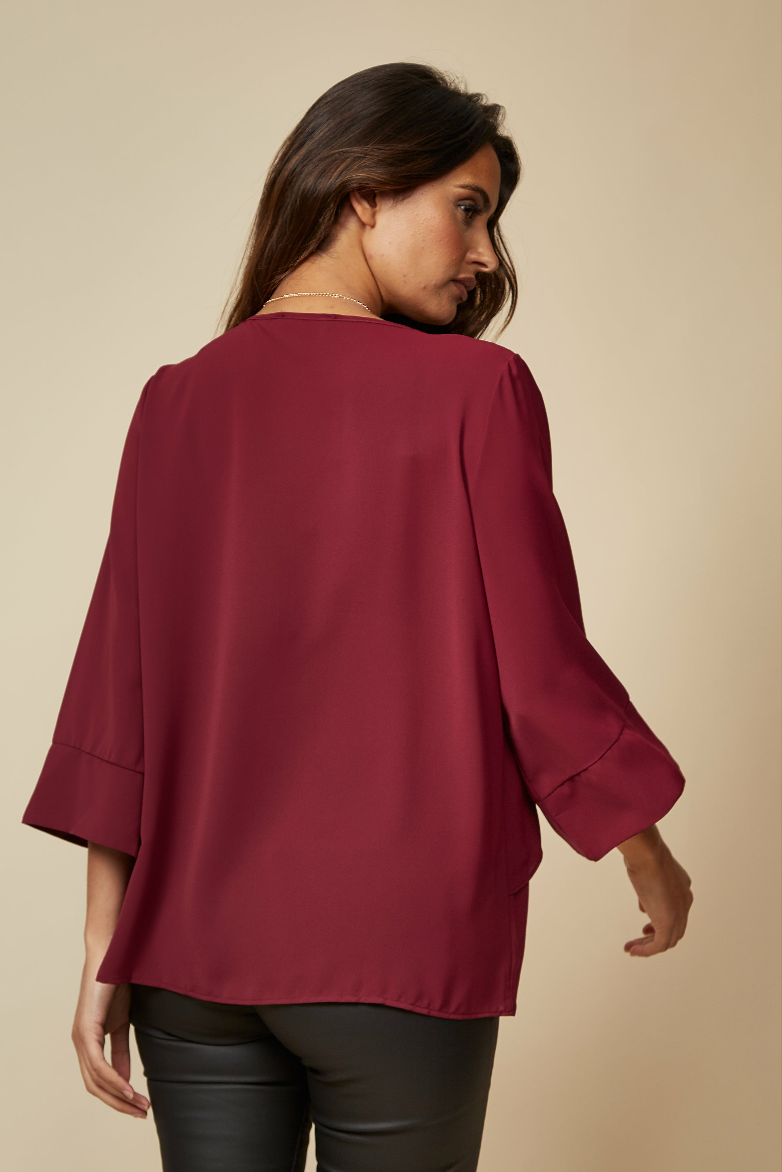 Layered Top With 3/4 Sleeves in Burgundy with Necklace GLR FASHION NETWORKING
