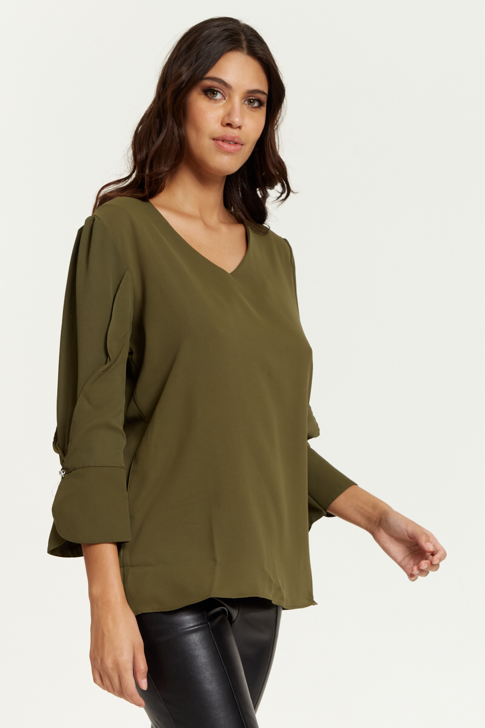 Long Sleeves Detailed Cuff Blouse with V Neck in Khaki GLR FASHION NETWORKING
