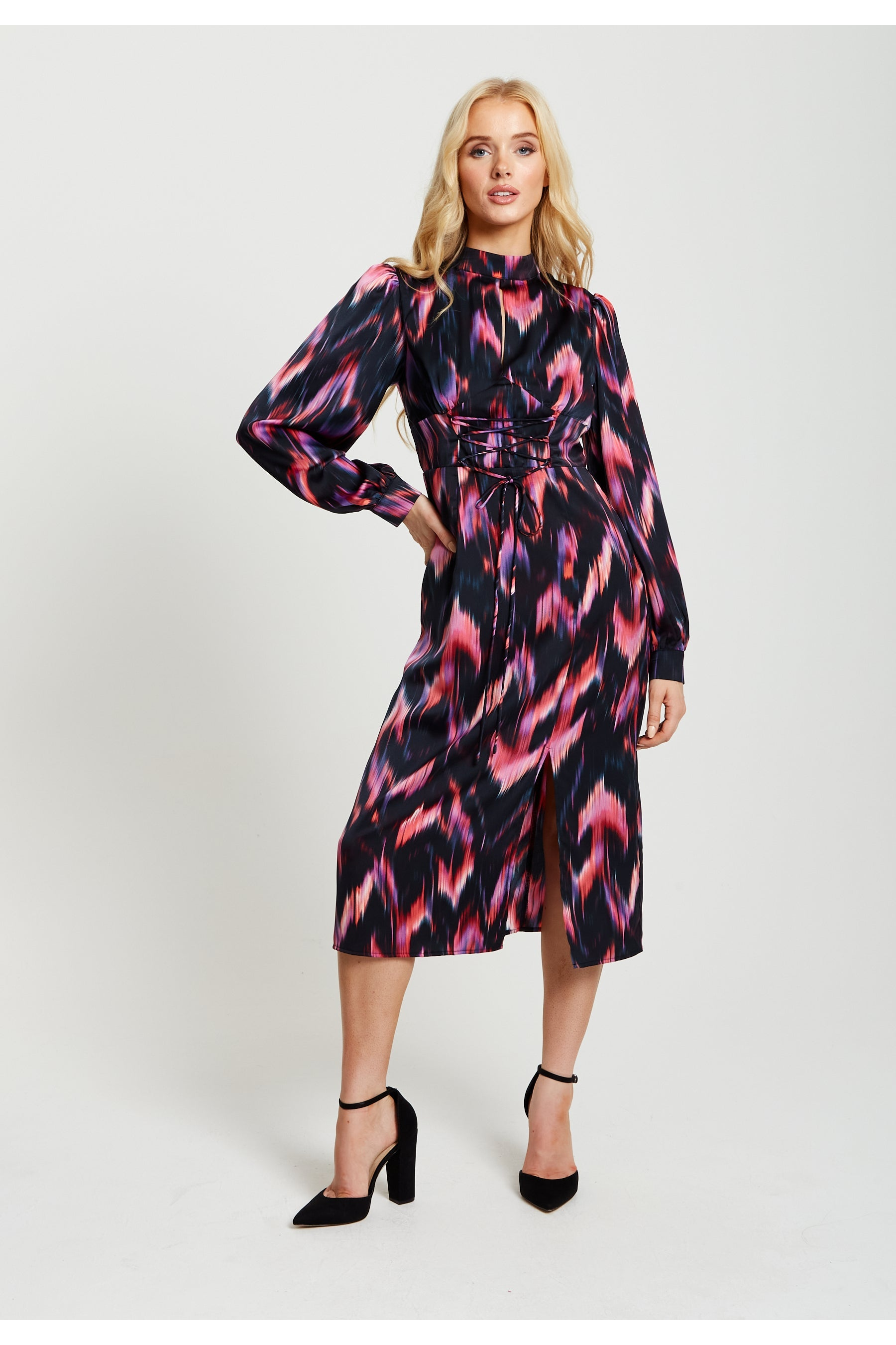 Abstract Feather Print Midi Lace Up Dress F3-176-LIQ22AW009