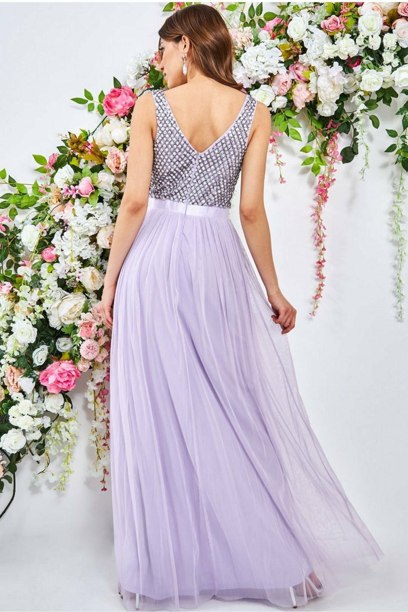 Sequin Bodice Pleated Maxi Dress - Lavender DR1972