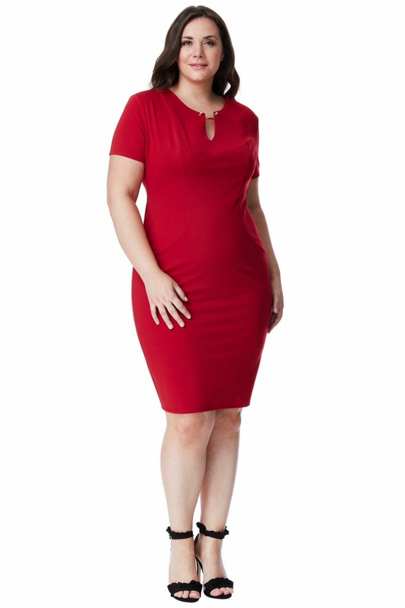 Fitted Midi Dress With Metal Bar Detail - Wine DR1344P