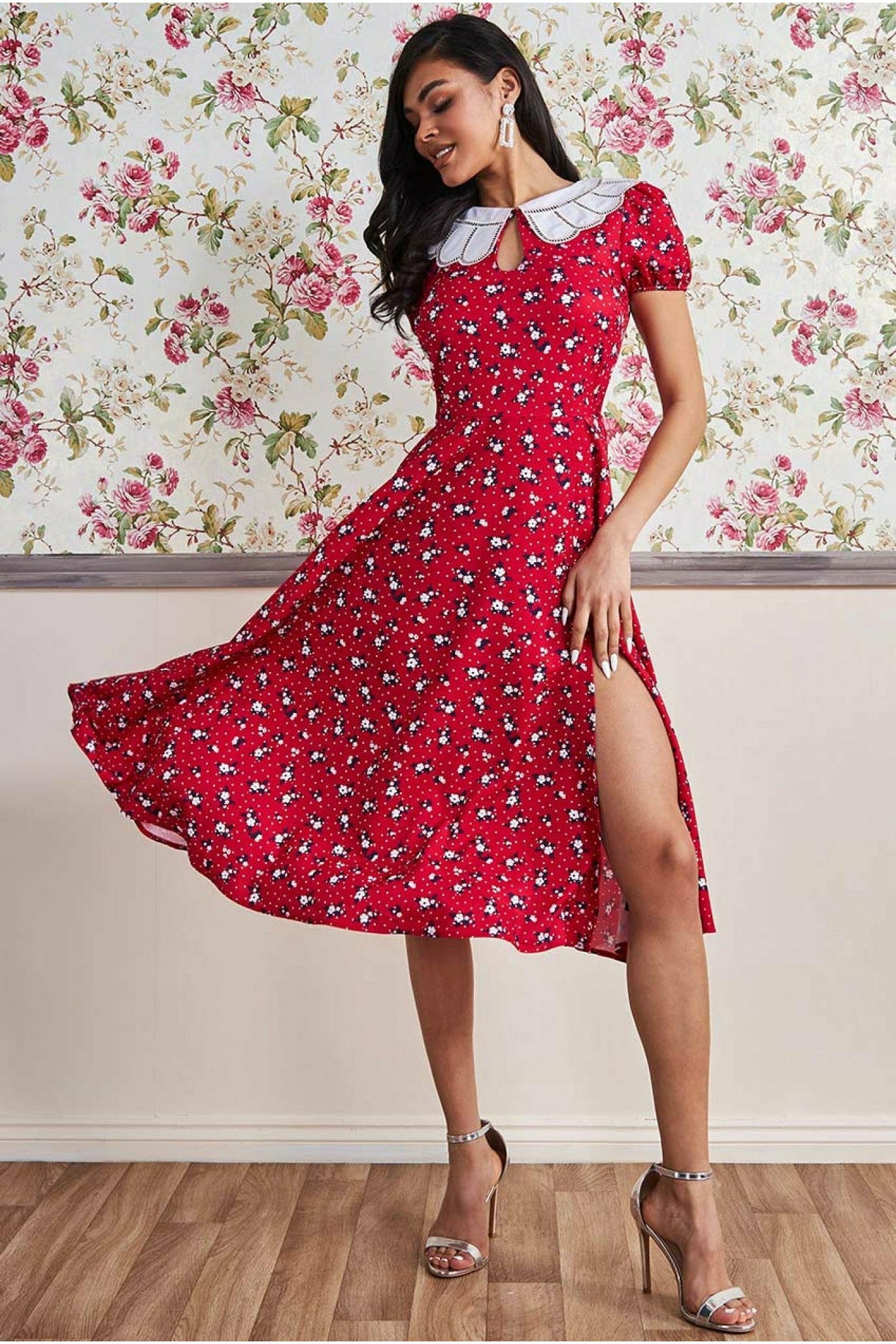 Printed Midi With Front Split - Red DR3356