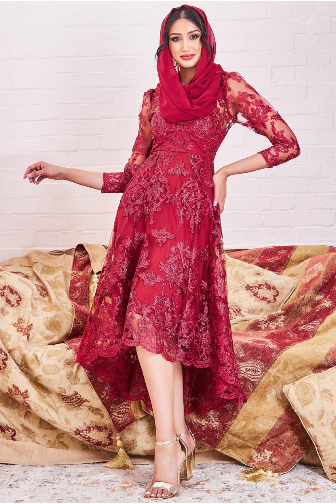 Modesty Lace Dipped Hem Midi Dress - Wine DR3347MOD