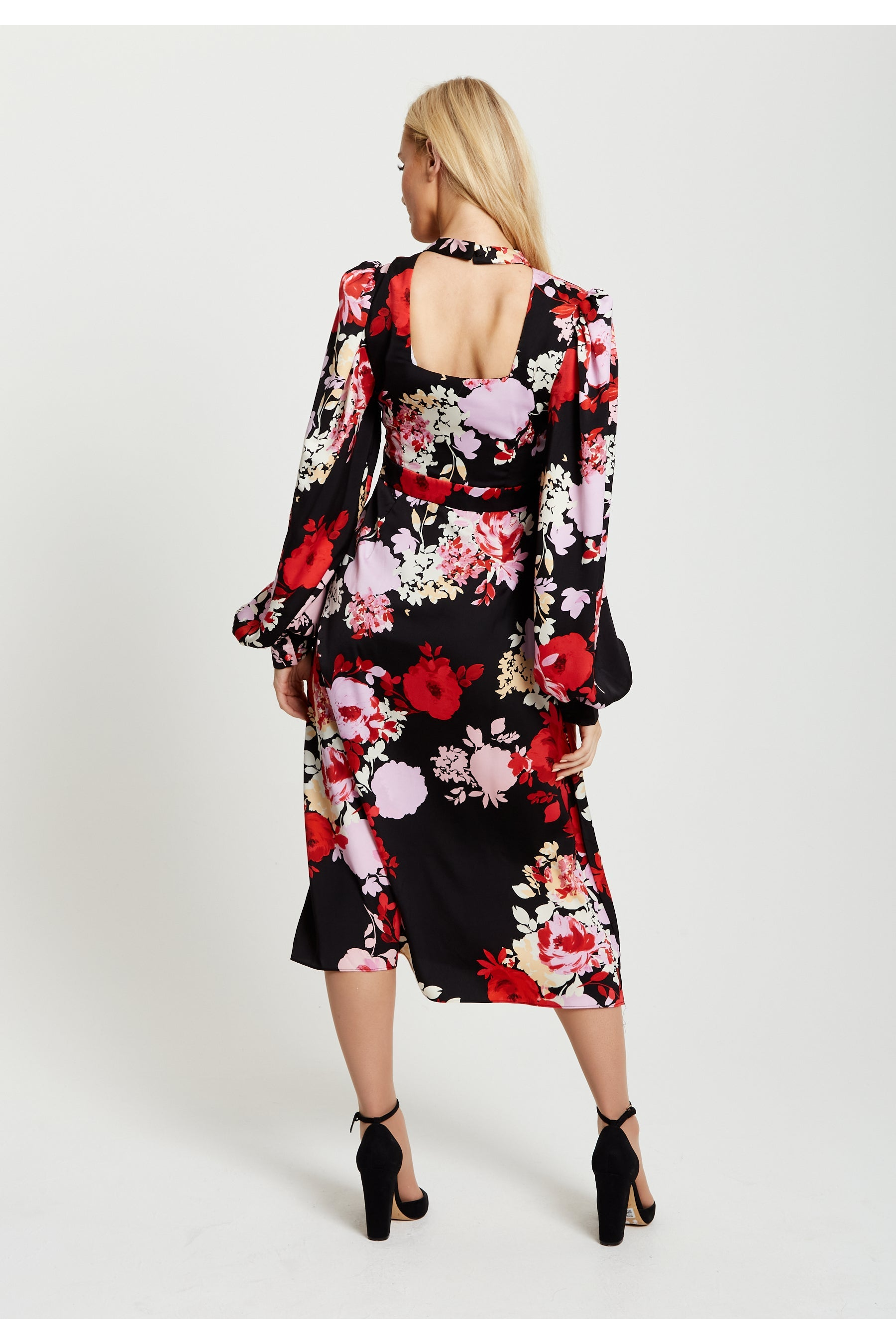 Rose Print Midi Wrap Dress With Open Back Detail E2-195-LIQ22AW037
