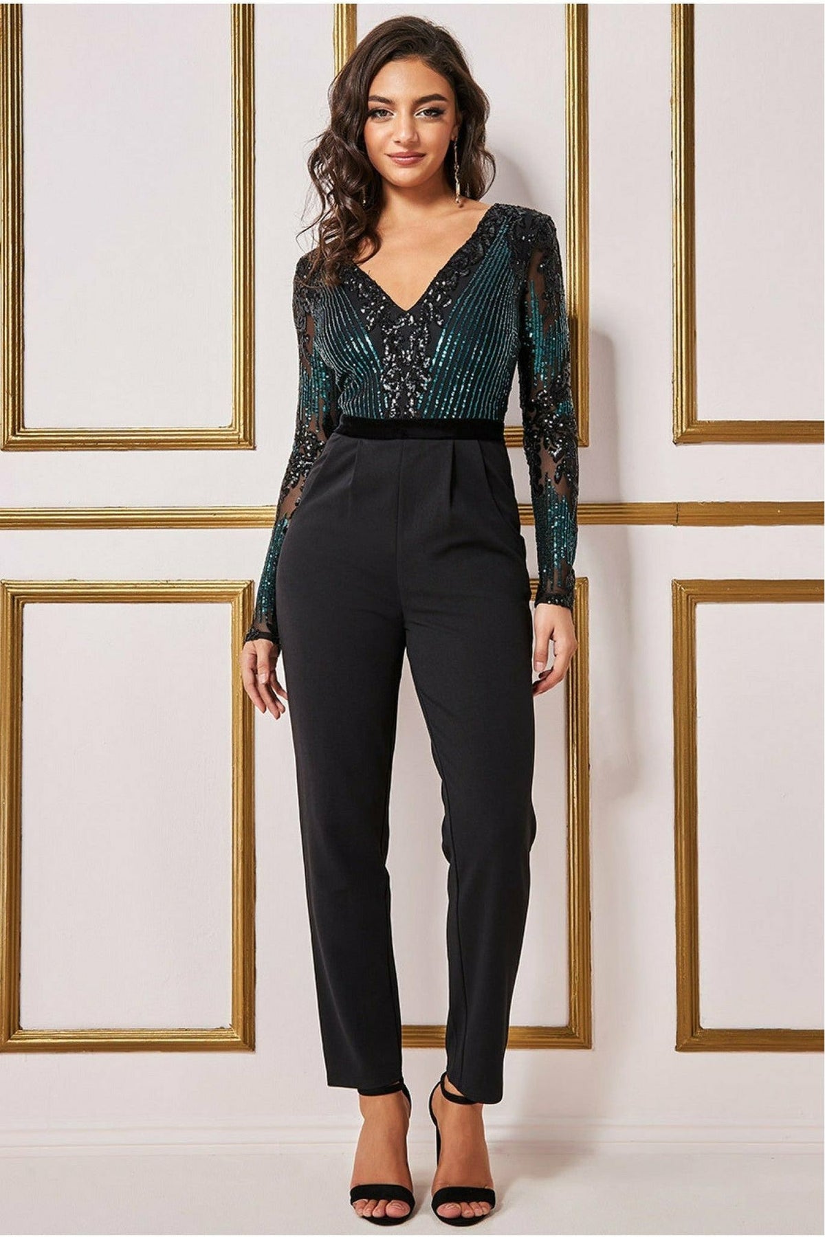 Sequin & Mesh Jumpsuit - Emerald Green TR289