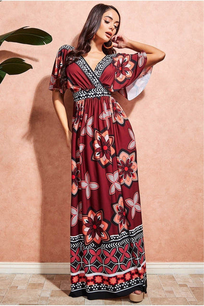 Brown - Printed Flutter Sleeve Maxi Dress - Brown by Goddiva