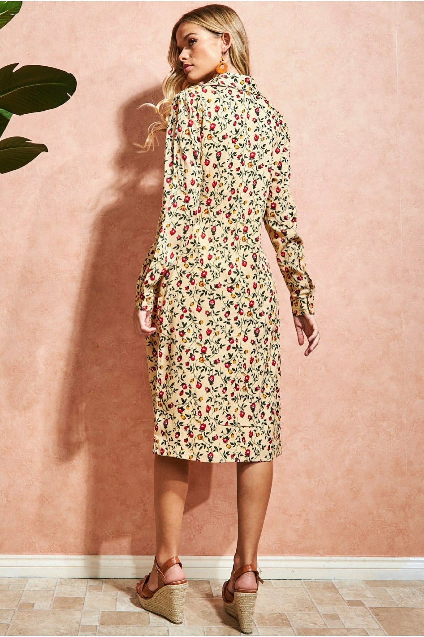 Floral Print Shirt Dress - Beige DR3499